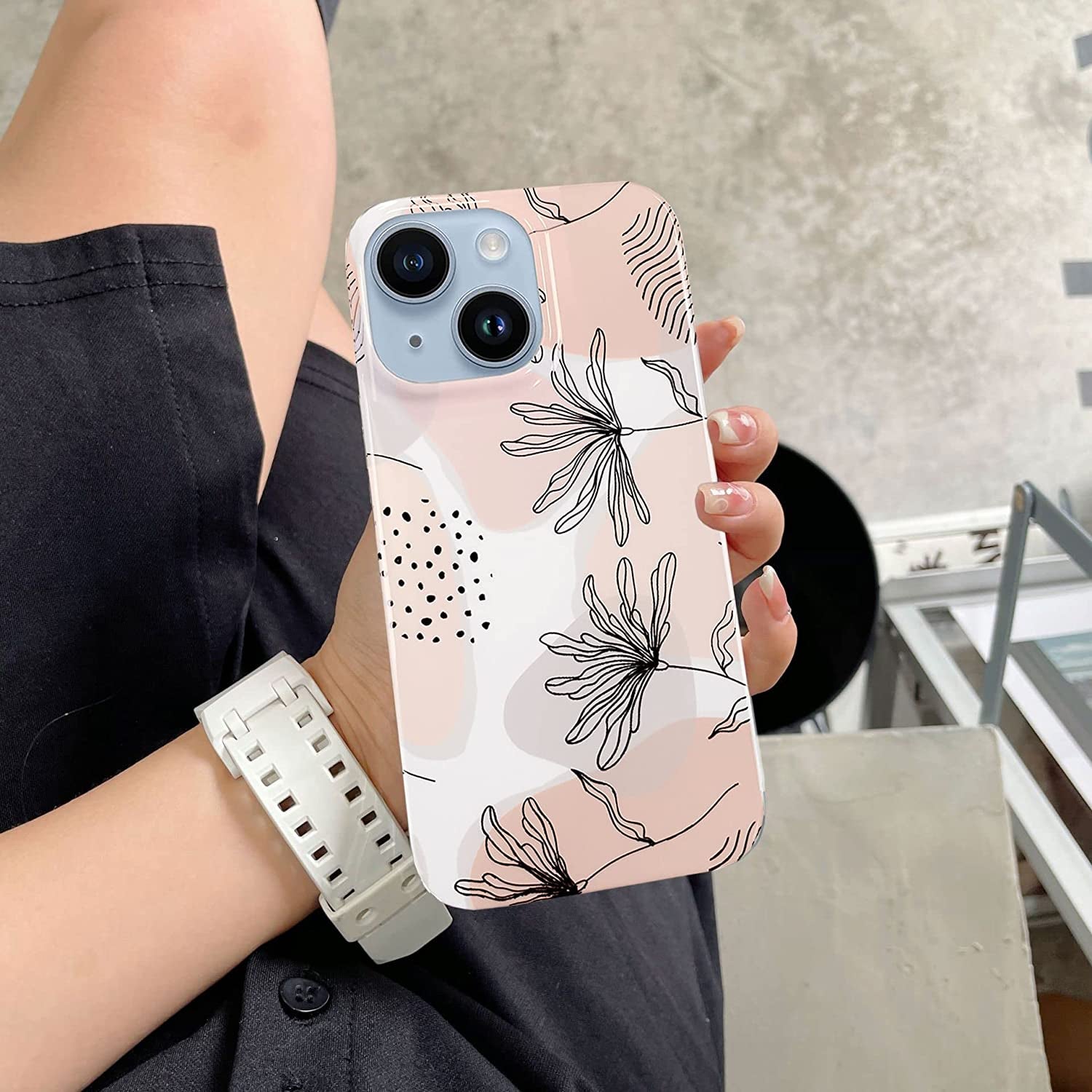 J.West Design for Iphone 14 Case 6.1,Aesthetic Minimalist Boho Modern Abstract Prints Slim Geometric Line Plant Floral Pattern Pink Soft TPU Shockproof Cover Protective Phone Case for Women Leaves  J.west   