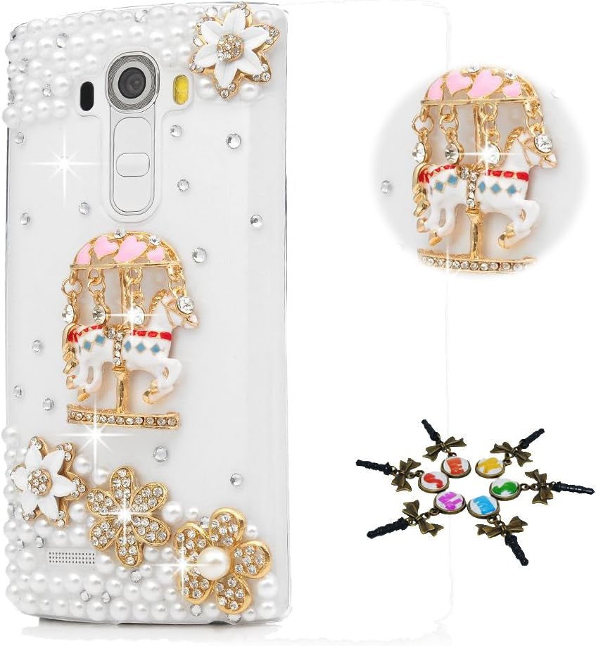 STENES LG G7 Case, LG G7 Thinq Case - STYLISH - 100+ Bling Crystal - 3D Handmade Bling Butterfly Flowers Floral Design Protective Cover Case for LG G7 Thinq - Pink  STENES Carousel Flowers Floral / Gold  
