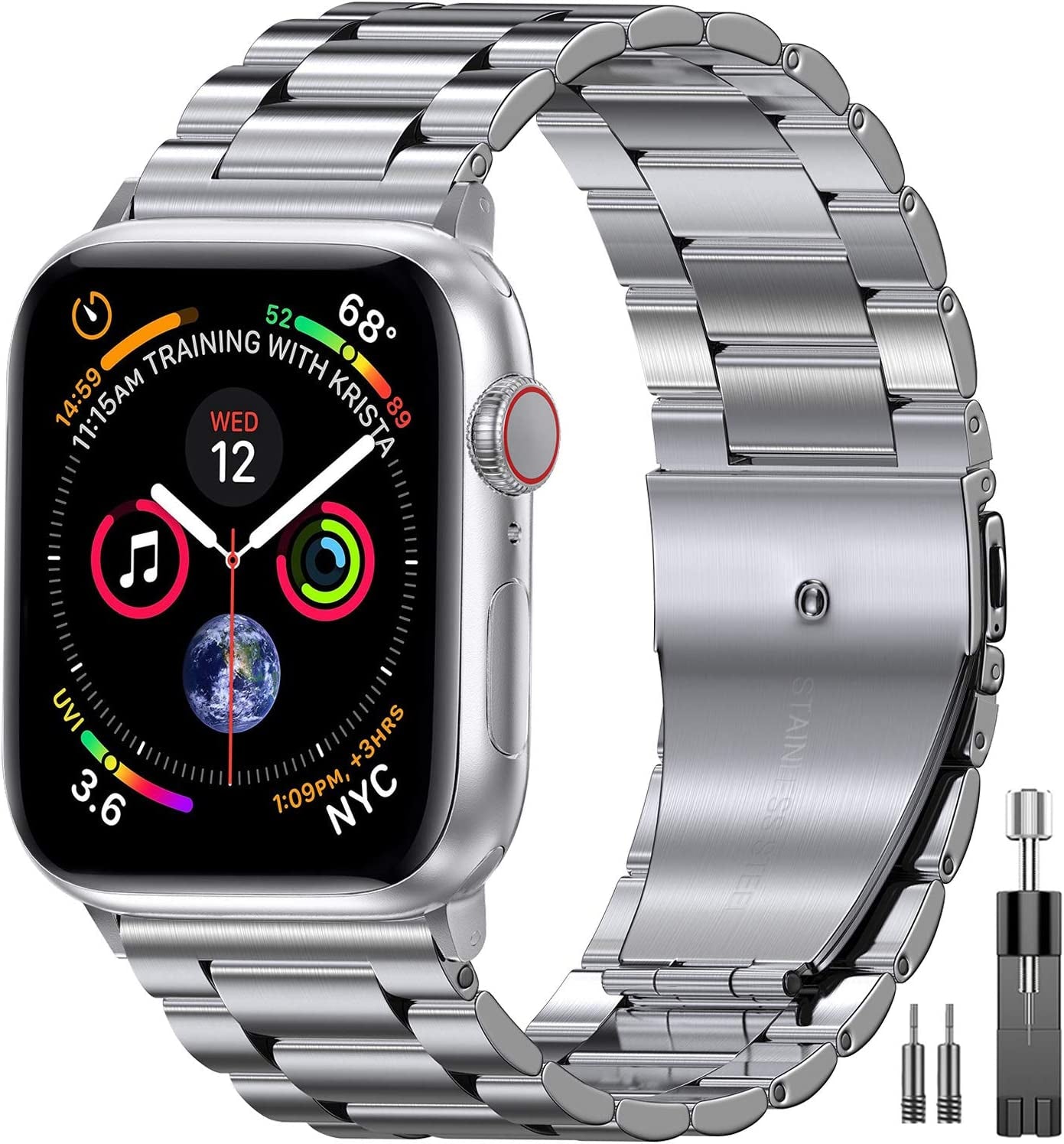 EPULY Compatible with Apple Watch Band 49Mm 45Mm 44Mm 42Mm 41Mm 40Mm 38Mm, Business Stainless Steel Metal Watchband for Iwatch Strap Ultra SE Series 8 7 6 5 4 3 2 1 Men (Black, 49Mm 45Mm 44Mm 42Mm)  EPULY C-Silver 41mm 40mm 38mm 
