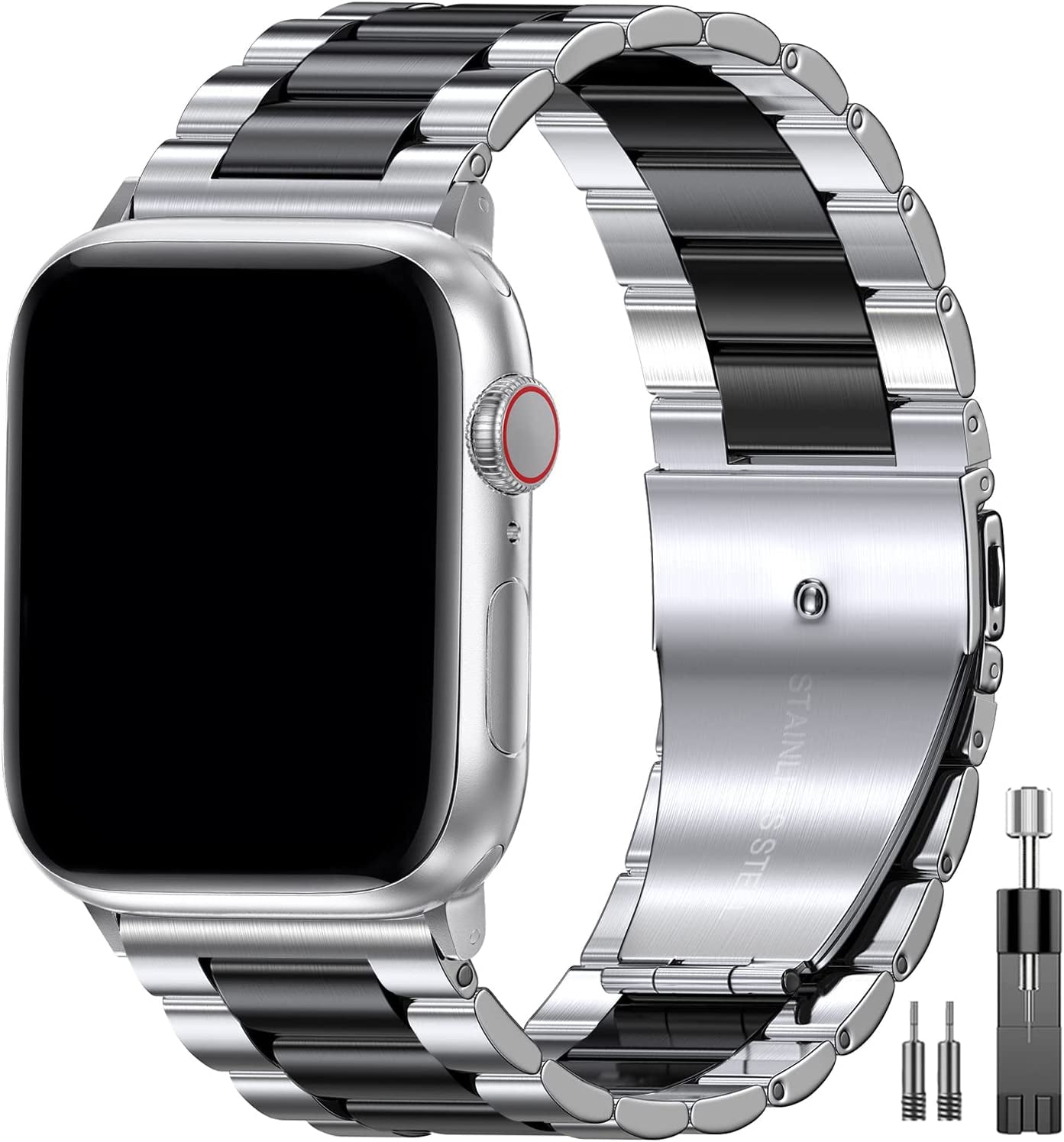 EPULY Compatible with Apple Watch Band 49Mm 45Mm 44Mm 42Mm 41Mm 40Mm 38Mm, Business Stainless Steel Metal Watchband for Iwatch Strap Ultra SE Series 8 7 6 5 4 3 2 1 Men (Black, 49Mm 45Mm 44Mm 42Mm)  EPULY Silver+Black 45mm 44mm 42mm 49mm 