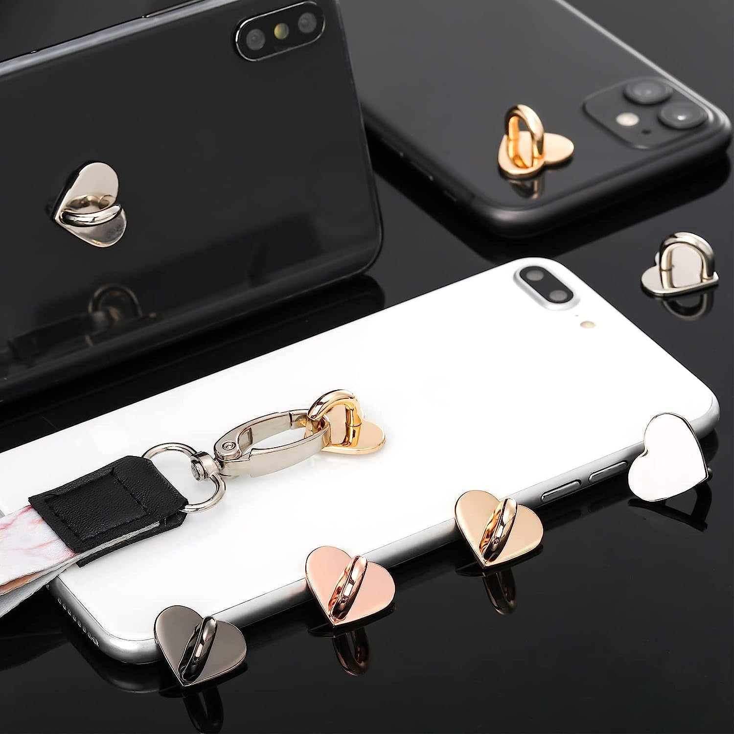 8 Pcs Cell Phone Finger Ring Adhesive Metal Phone Finger Grip Loop Stand Heart Grip Holder Phone Charm Hook for DIY Hanging Supplies (Gold, Silver, Rose Gold, Black)  Moxweyeni   