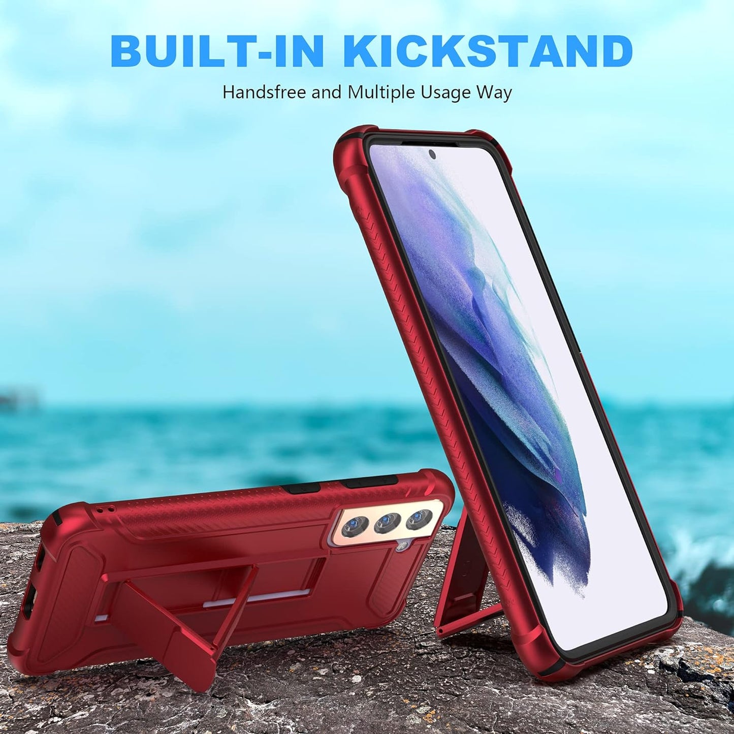 ORETECH Samsung S21 plus Case, Galaxy S21 plus Case with 2 X Tempered Glass Screen Protector for Samsung Galaxy S21 plus Phone Case with Built-In Kickstand for Samsung S21 plus Case -6.7" Red  ORETECH   