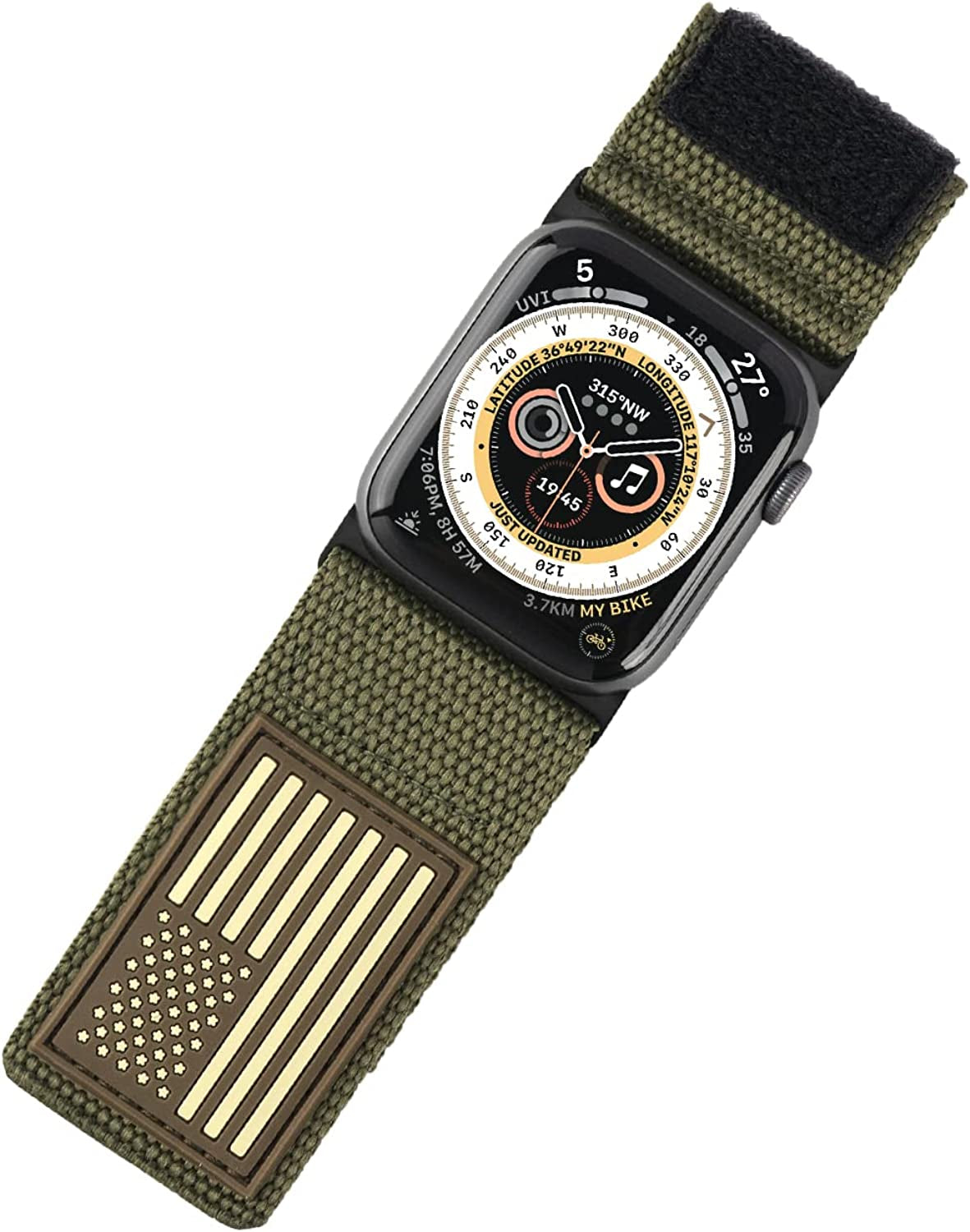 Tefeca Fortitude Series Adjustable Band for Apple Watch/Apple Watch Ultra  Tefeca Ultra Wide USA Flag Army Green Canvas 49/45/44/42mm Extra Large 