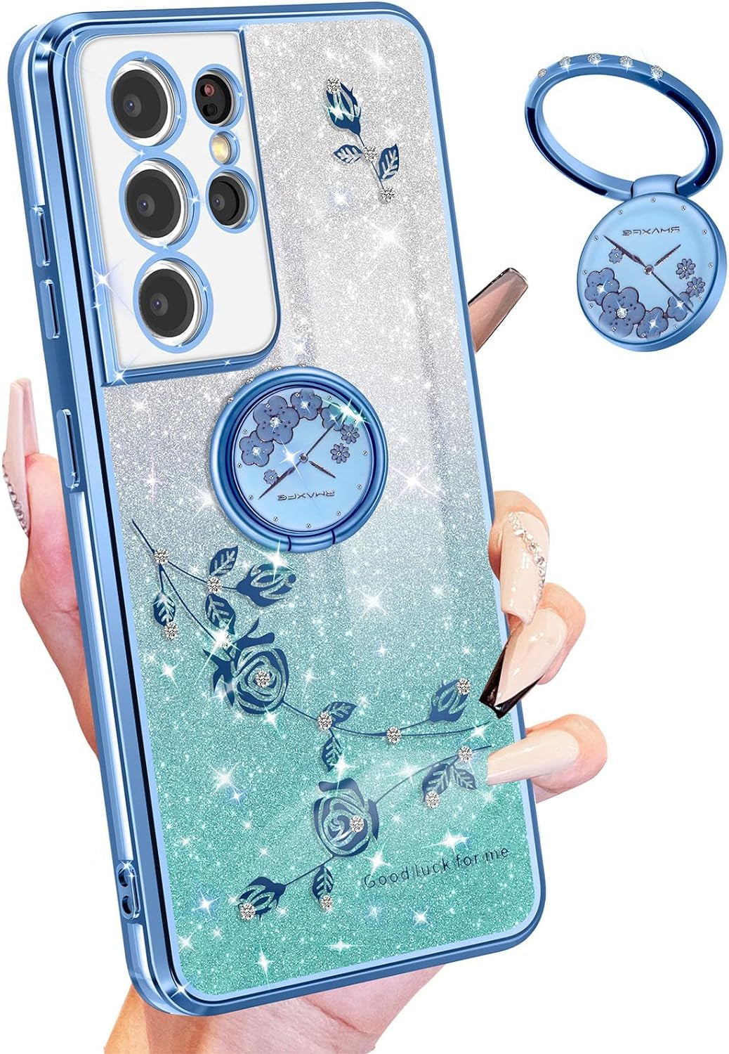 Coralogo (3In1 for Samsung Galaxy S21 Ultra Case Glitter Sparkly for Women Girls Sparkle Girly Bling Shiny Cover Cute Flowers Flora Unique Design with Ring Pretty Cases for Galaxy S21 Ultra 5G 6.8''  Coralogo Blue For Samsung Galaxy S21 Ultra 