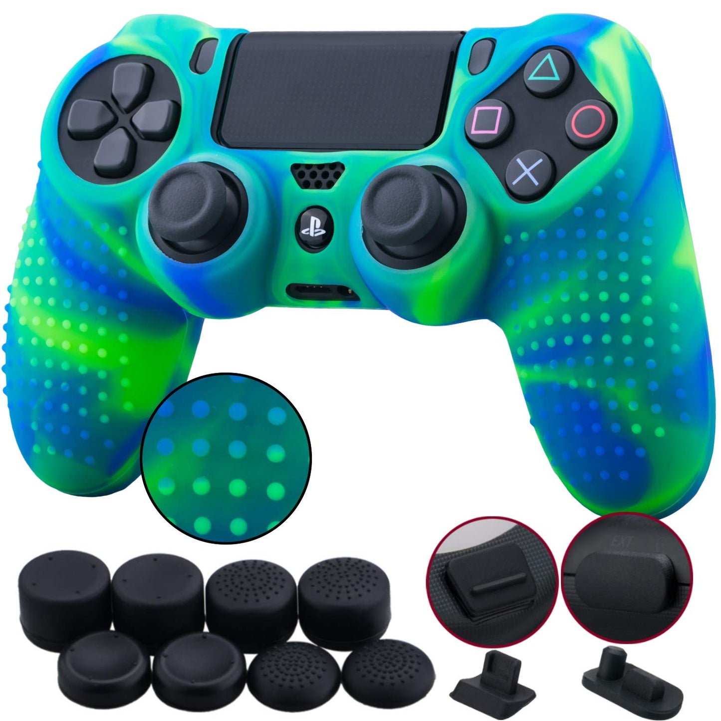 9Cdeer 1 Piece of Silicone Studded Water Transfer Protective Sleeve Case Cover Skin + 8 Thumb Grips Analog Caps + 2 Dust Proof Plugs for Ps4/Slim/Pro Dualshock 4 Controller, Skull Red  9CDeer Blue Green studded 