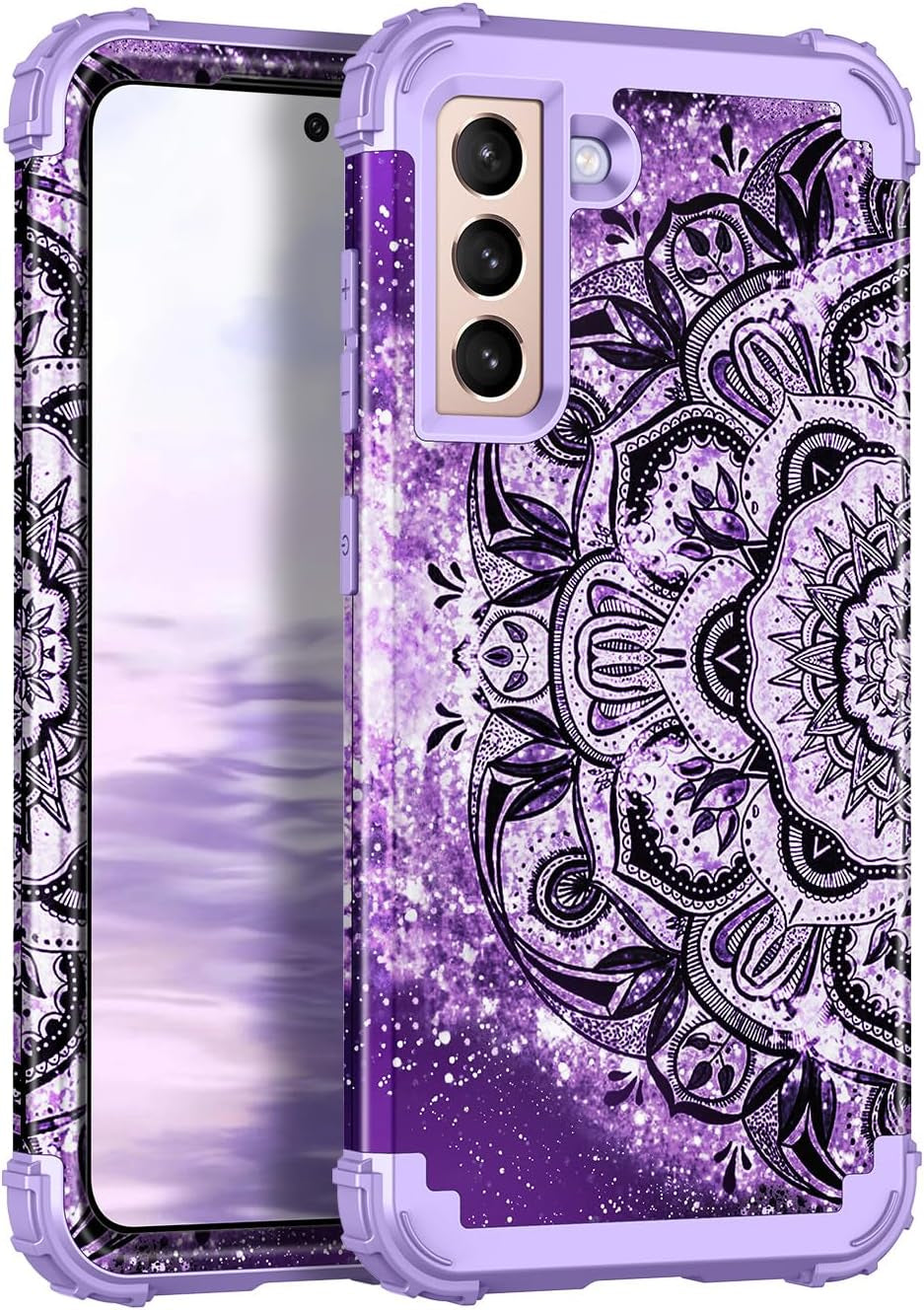 Casetego for Galaxy S21 5G Case,Floral Three Layer Heavy Duty Sturdy Shockproof Soft Tpu+Hard PC Protective Cover Case for Samsung Galaxy S21 5G 6.2 Inch,Orange/Black  Casetego Purple Flower  