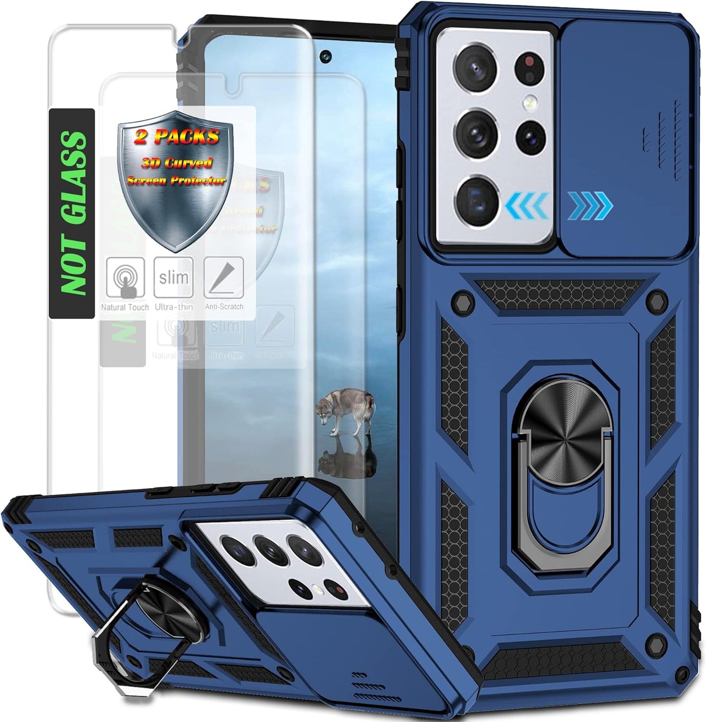 AYMECL Case for S21 Ultra 5G,Galaxys21 Ultra 5G Case with Slide Camera Cover&[2 Packs] Self-Healing Film,360° Rotate Ring Stand Magnetic Cover Case for Samsung Galaxy S21 Ultra 5G 6.8"-Blue  AYMECL Tc-Blue  