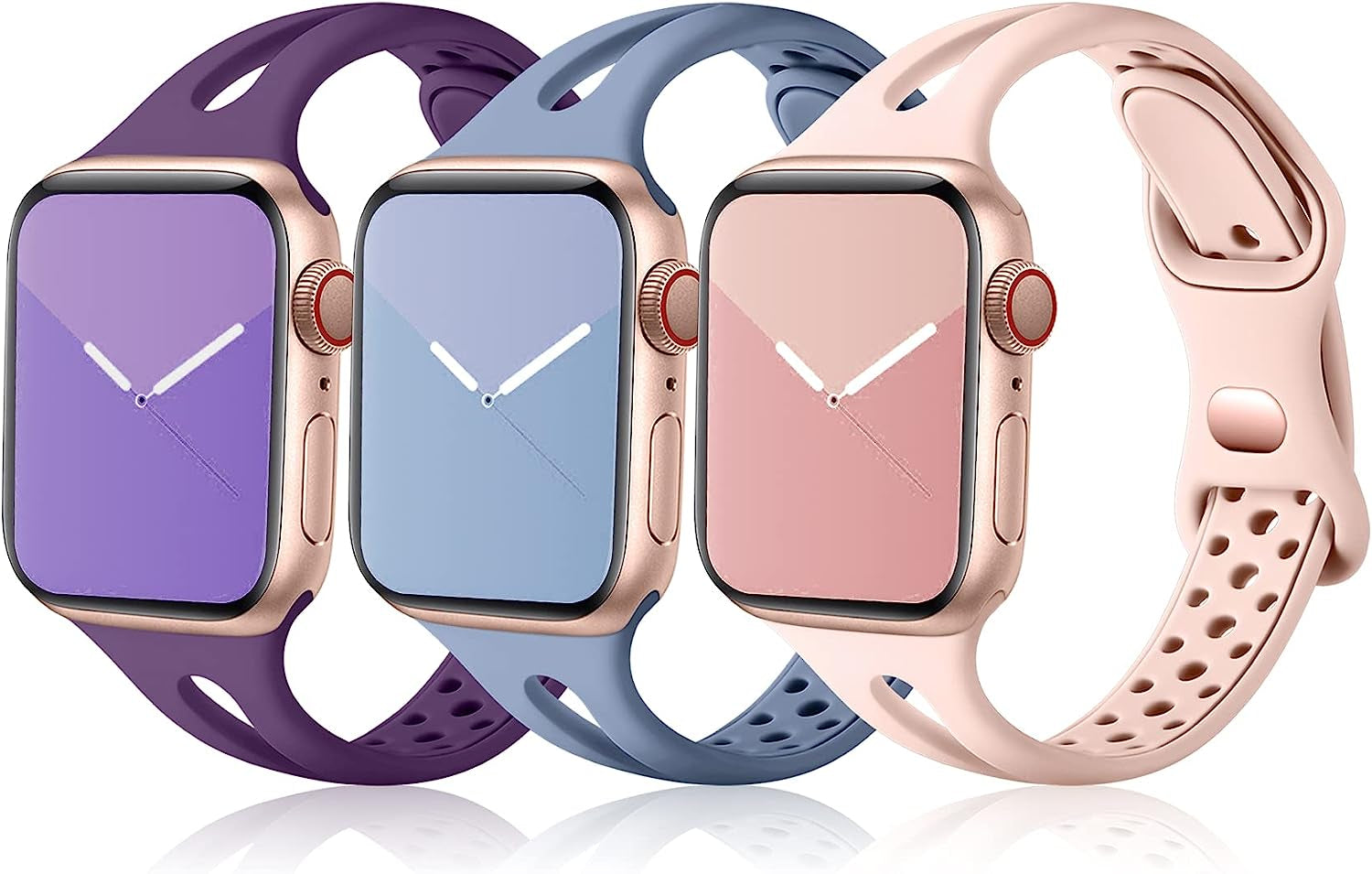 Ouwegaga Compatible with Apple Watch Band 38Mm 40Mm 41Mm 42Mm 44Mm 45Mm, Soft Silicone Slim Sport Breathable Holes Iwatch Bands Replacement Wristband for Iwatch SE & Series 7 6 5 4 3 2 1 for Women Men  Ouwegaga Pink/Purple/Blue Gray 38mm/40mm/41mm 