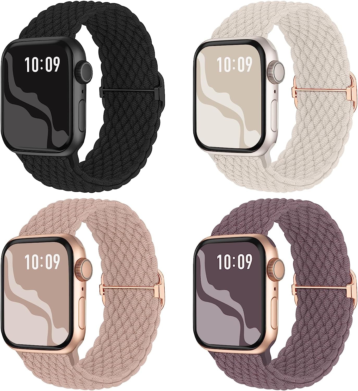 Braided Stretchy Solo Loop Compatible for Apple Watch Band 38Mm 40Mm 41Mm 42Mm 44Mm 45Mm 49Mm for Women Men, Nylon Elastic Straps Wristbands for Iwatch Series 8 7 6 SE 5 4 3 2 1 Ultra, 4Packs  Suitisbest Black/Starlight/Nude Pink/Smoke Violet 38/40/41mm 