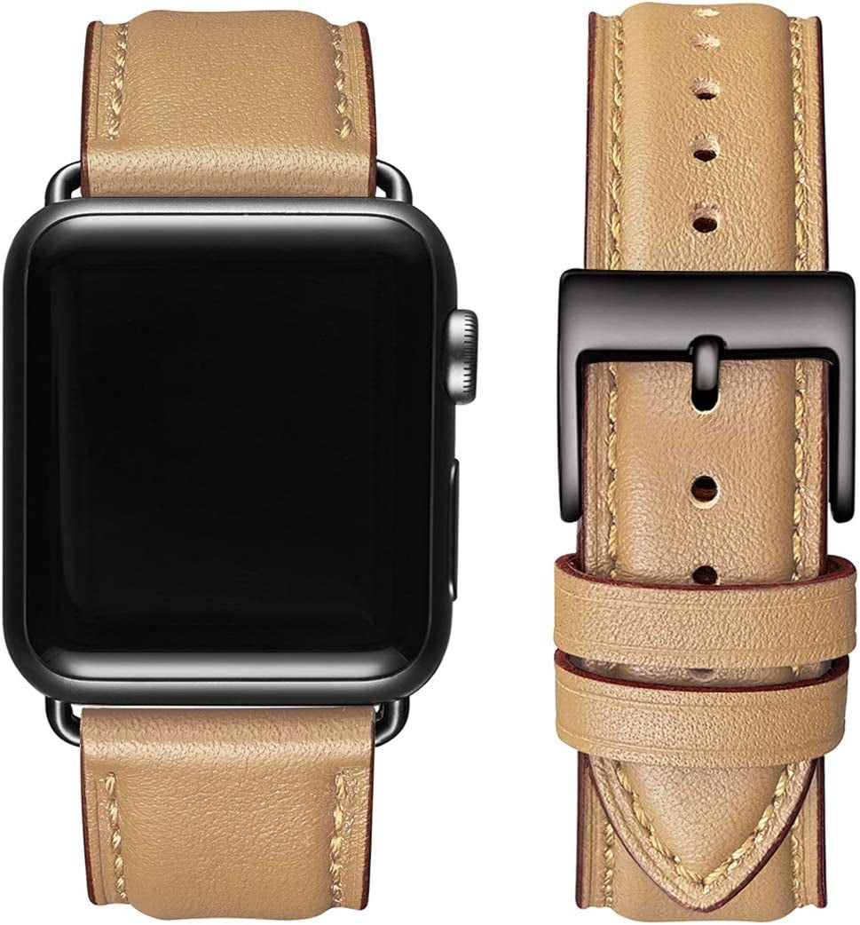OMIU Square Bands Compatible with Apple Watch Band 38Mm 40Mm 41Mm 42Mm 44Mm 45Mm 49Mm, Genuine Leather Wristband Starp for Iwatch SE Series 8 7 6 5 4 3 2 1 Utral for Women Men(Ivory White/Rose Gold)  BestWayStore Camel/Black 42mm 44mm 45mm 49mm 