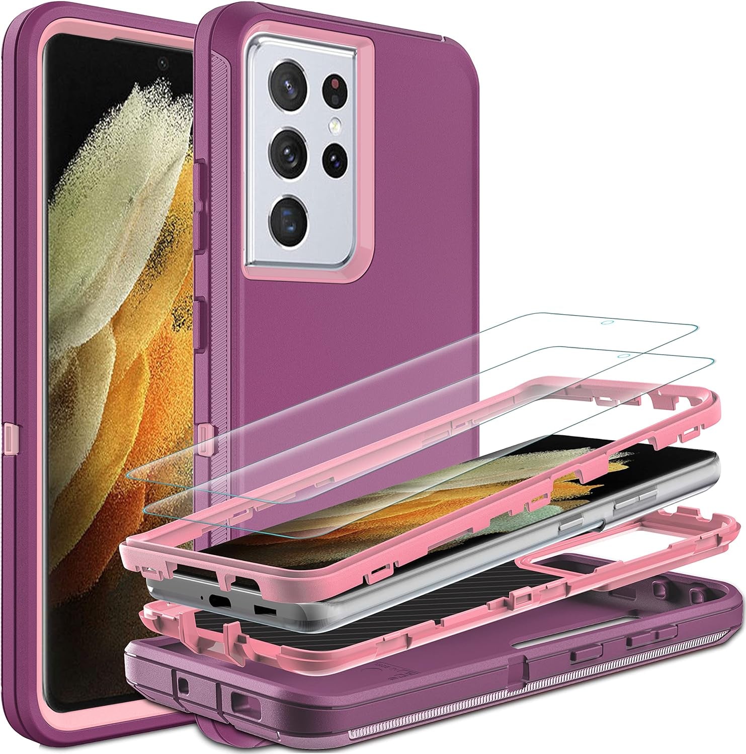 HONG-AMY for S21 Ultra Case, Samsung Galaxy S21 Ultra Case with Self Healing Flexible TPU Screen Protector[2 Pack], Military Grade Invisible Kickstand Phone Case for Galaxy S21 Ultra 5G-Green  HONG-AMY Purple/Pink  