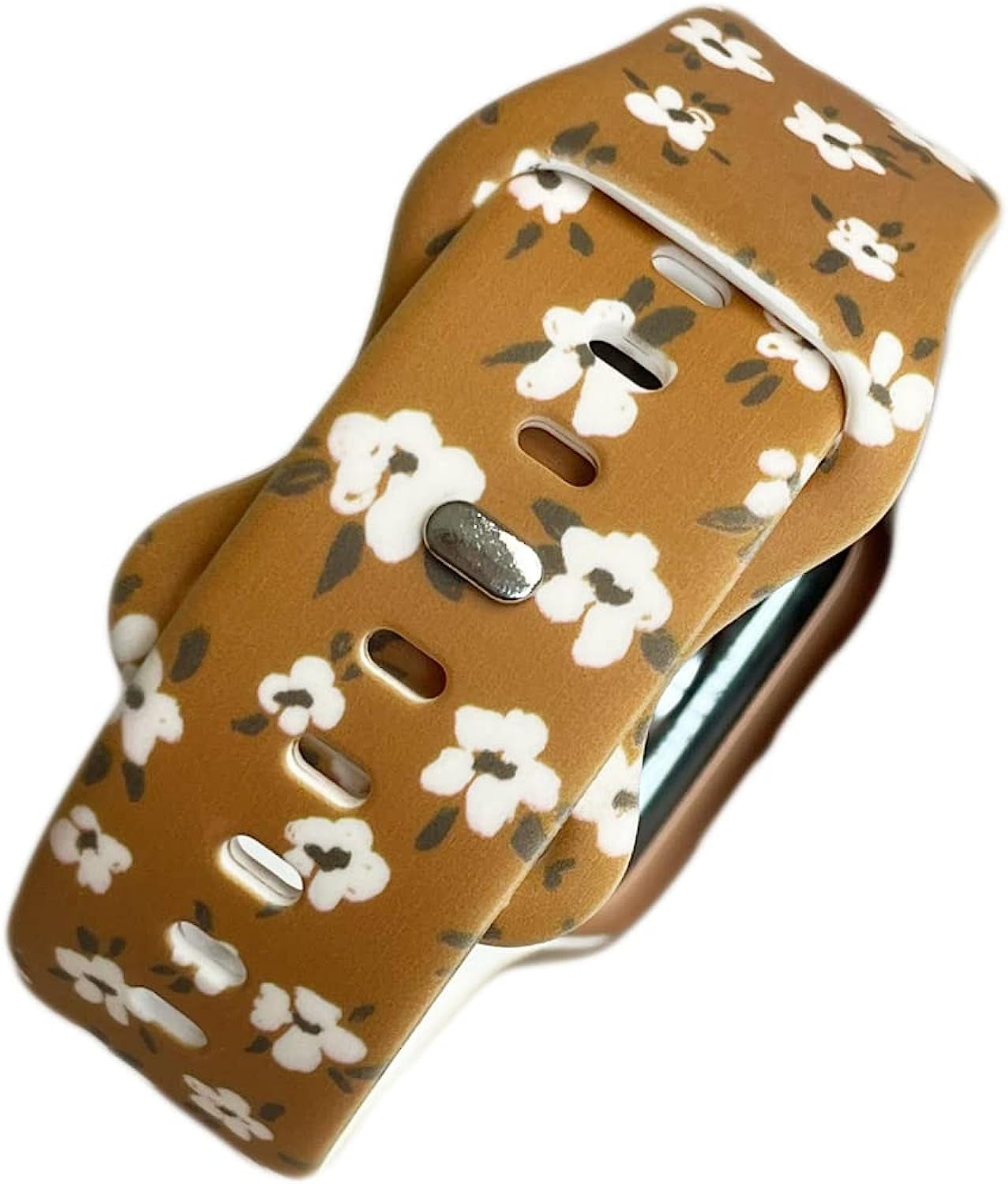 Boho White Flowers Brown Unisex Waterproof Soft Silicone Sport Band Compatible with Apple Watch Ultra and Series 8 7 6 5 4 3 2 1 SE, Model 38Mm 40Mm 41Mm 42Mm 44Mm 45Mm 49Mm, for Men and Women  Tweedle Dee Designs   