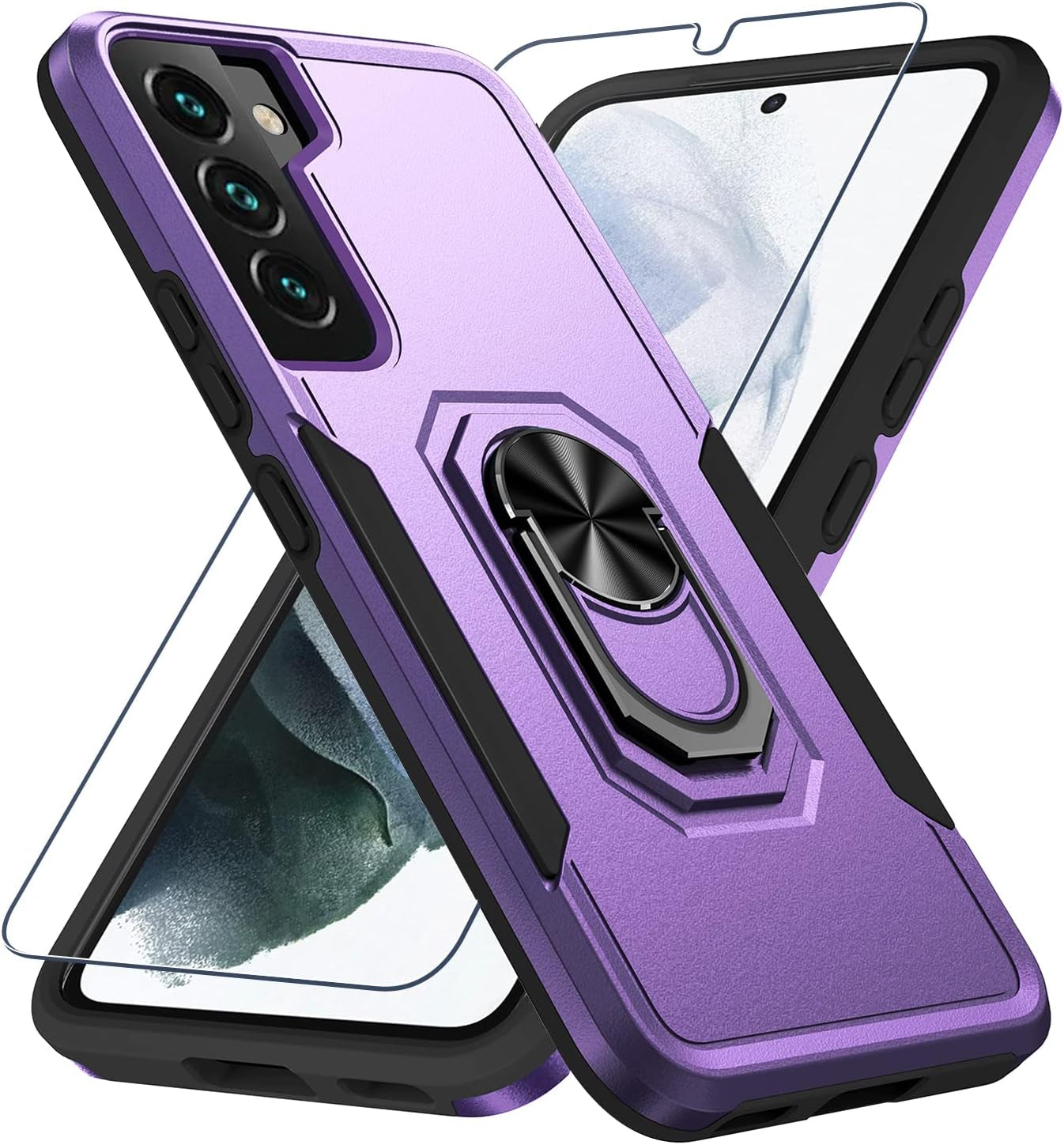Samsung Galaxy S22 Case with Screen Protector Tempered Glass [Not for S22+] ,Heavy Duty Shockproof Full Body Phone Cover[Dual Layer][Hard PC Back],Built in Finger Ring Stable Kickstand,2022 Black  Janmitta Lavender  