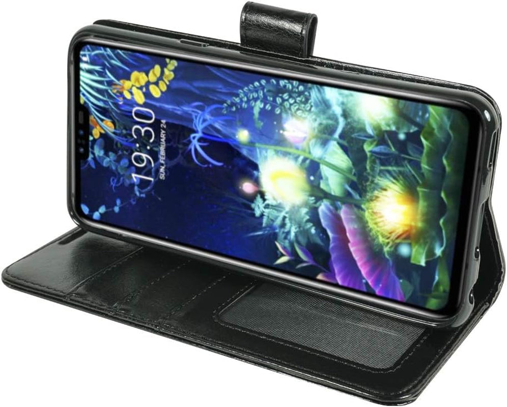 Zase LG G8 Thinq Wallet Case, Design for LG G8 Protective Cover Premium PU Leather Flip Folio TPU Case W/[Wrist Strap] Card Slot Money Pocket [Built-In Kickstand] (Solid Black)  Zase   