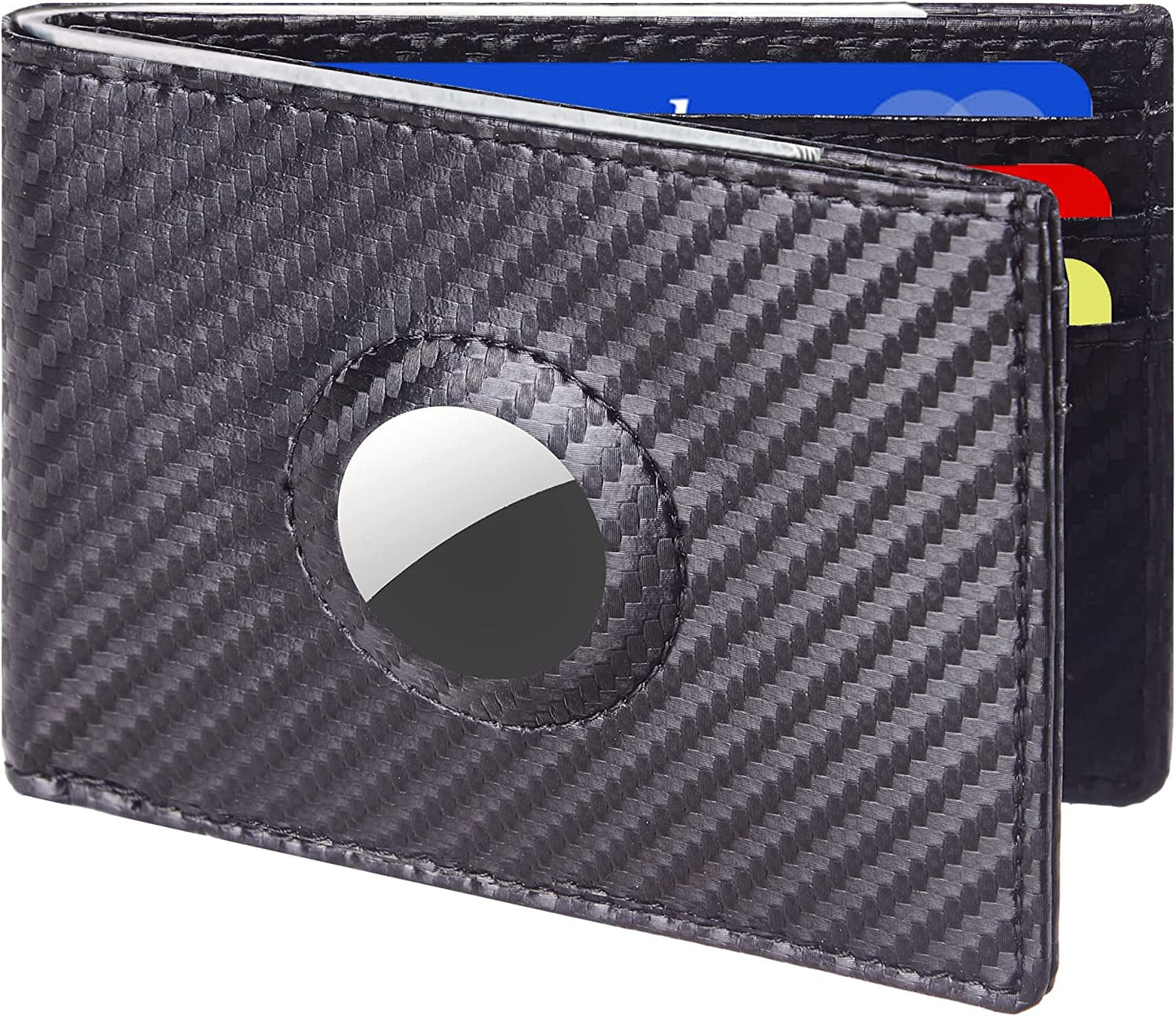 Hawanik Mens Bifold Wallet for Airtag Carbon Fiber Texture, Slim RFID Blocking Wallet with Built-In Holder for Airtag  Hawanik   