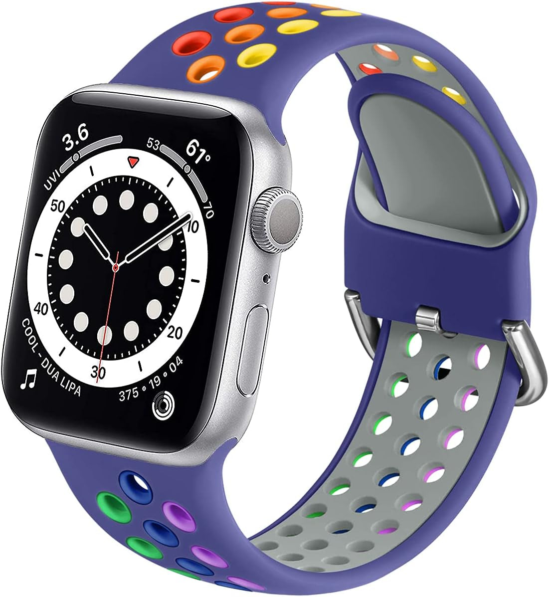 Muranne Sport Band Compatible with Apple Watch 38Mm 40Mm 41Mm 42Mm 44Mm 45Mm 49Mm for Women Men, Sport Breathable Soft Silicone Replacement Strap for Iwatch SE Ultra Series 8 7 6 5 4 3 2 1, S/M M/L  Muranne Bright Blue/Rainbow 42mm/44mm/45mm/49mm S/M 