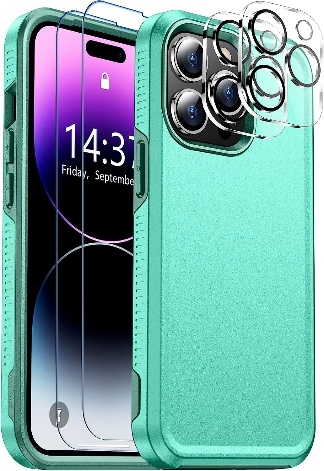 Justcool Designed for Iphone 14 plus Case, [Crystal Clear Not Yellowing] with [2 Pcs Tempered Glass Screen Protectors & 2 Pcs Camera Lens Protector] Slim Thin Protective Phone Case (Clear)  Justcool Light Green Iphone 14 Pro 