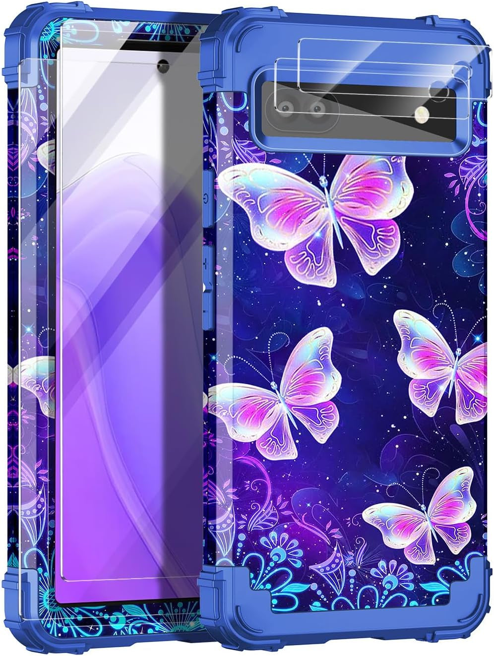 Hekodonk Google Pixel 6A Case (2022) - Heavy Duty Shockproof Hybrid Protection, Hard Plastic & Silicone Rubber, 3-In-1 Drop Protective - Blue Golden  Hekodonk Blue Butterfly  