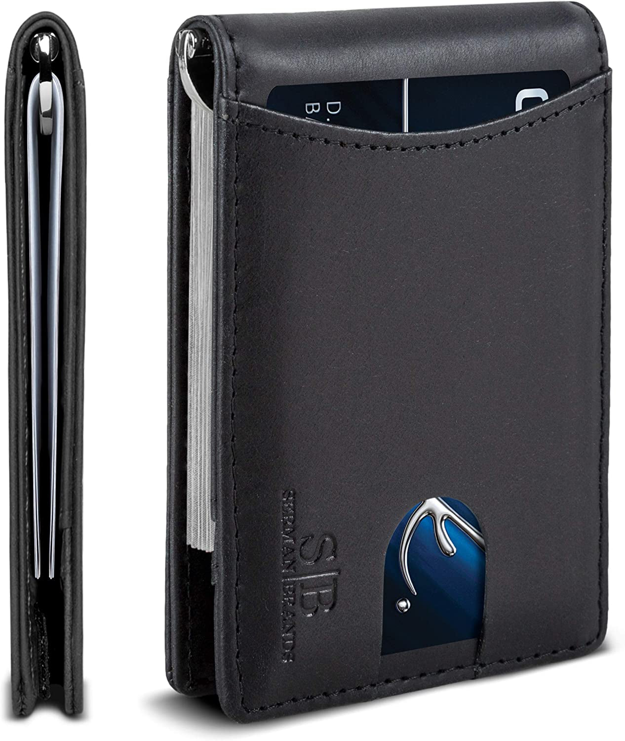 SERMAN BRANDS RFID Blocking Slim Bifold Genuine Leather Minimalist Front Pocket Wallets for Men with Money Clip Thin Gift  SERMAN BRANDS Charcoal Black 1.s  