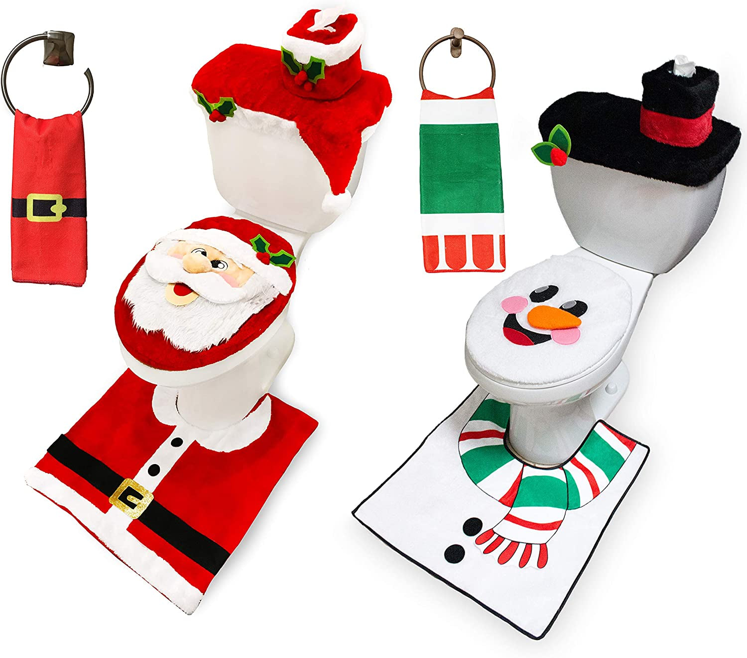 JOYIN 5 Pieces Christmas Theme Bathroom Decoration Set W/Toilet Seat Cover, Rugs, Tank Cover, Toilet Paper Box Cover and Santa Towel for Xmas Indoor Décor, Party Favors (Santa)  Joyin Inc Santa  Snowman  