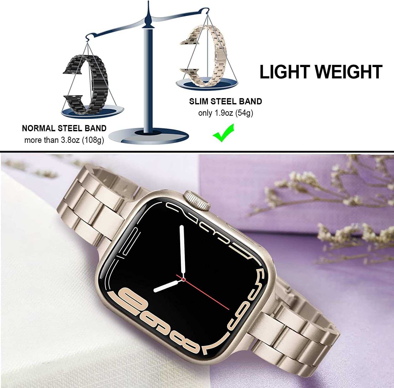 Trumirr Band for Apple Watch Series 8 7 45Mm Starlight Women, Slim Stainless Steel Watchband Feminine Strap Replacement for Iwatch SE Ultra Series 8 7 6 5 4 3 2 1 49Mm 45Mm 44Mm 42Mm  TRUMiRR   