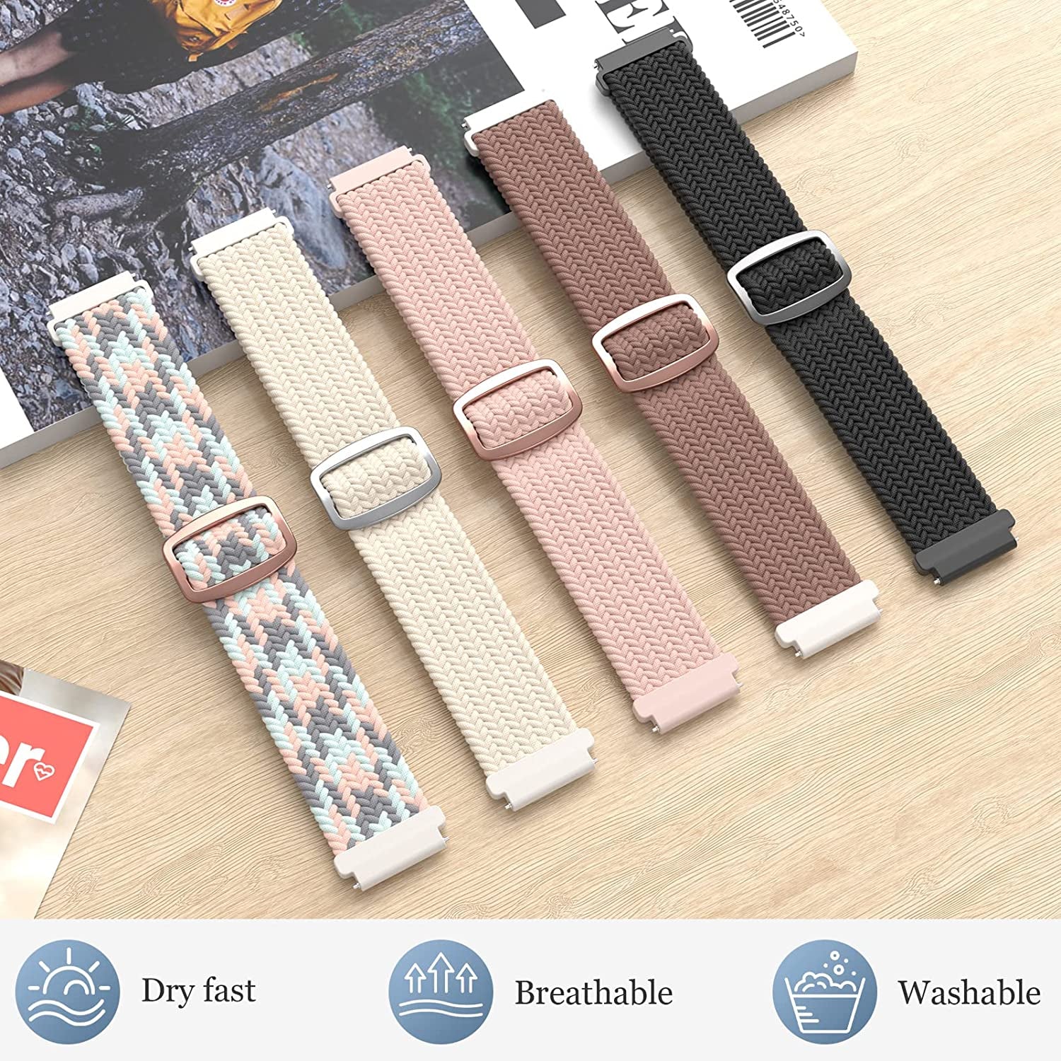 20Mm Braided Bands Compatible with Samsung Galaxy Watch 5&4 Band/Active 2 40Mm 44Mm/Galaxy Watch 5 Pro 45Mm/Galaxy Watch 4 Classic 42Mm 46Mm/Watch 3 41Mm, 5 Pack Elastic Stylish Quick Release Bands  ABOVEACC   