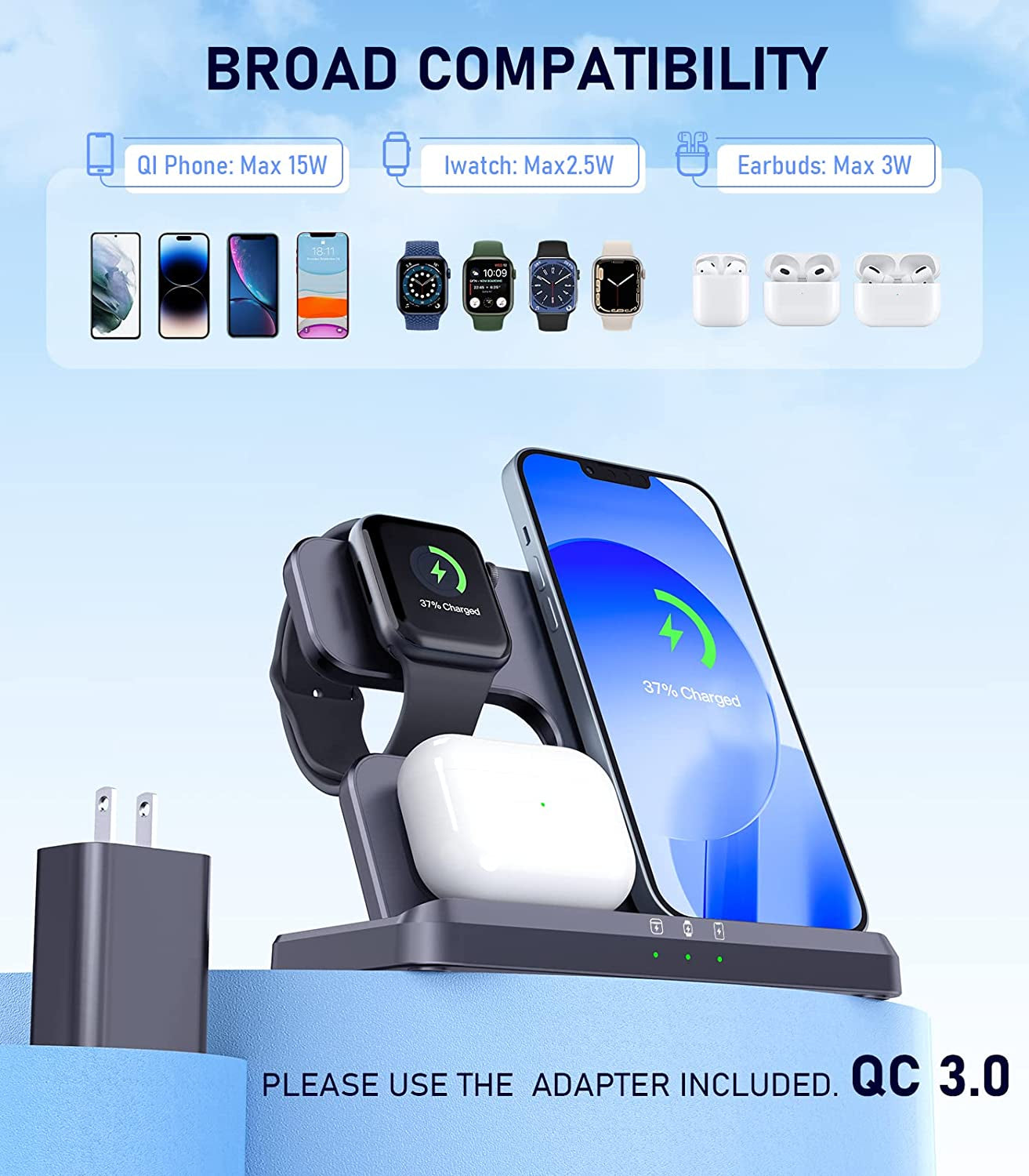 3 IN1 Wireless Charging Station Apple,20W Fast Wireless Charger Stand, Iphone Wireless Charger Station Dock for Iphone14-11/Pro/Max/Mini/X/Xr/8/Plus,Airpods Pro/3/2,Apple Watch Series (18W Adapter)  Fulldepot   