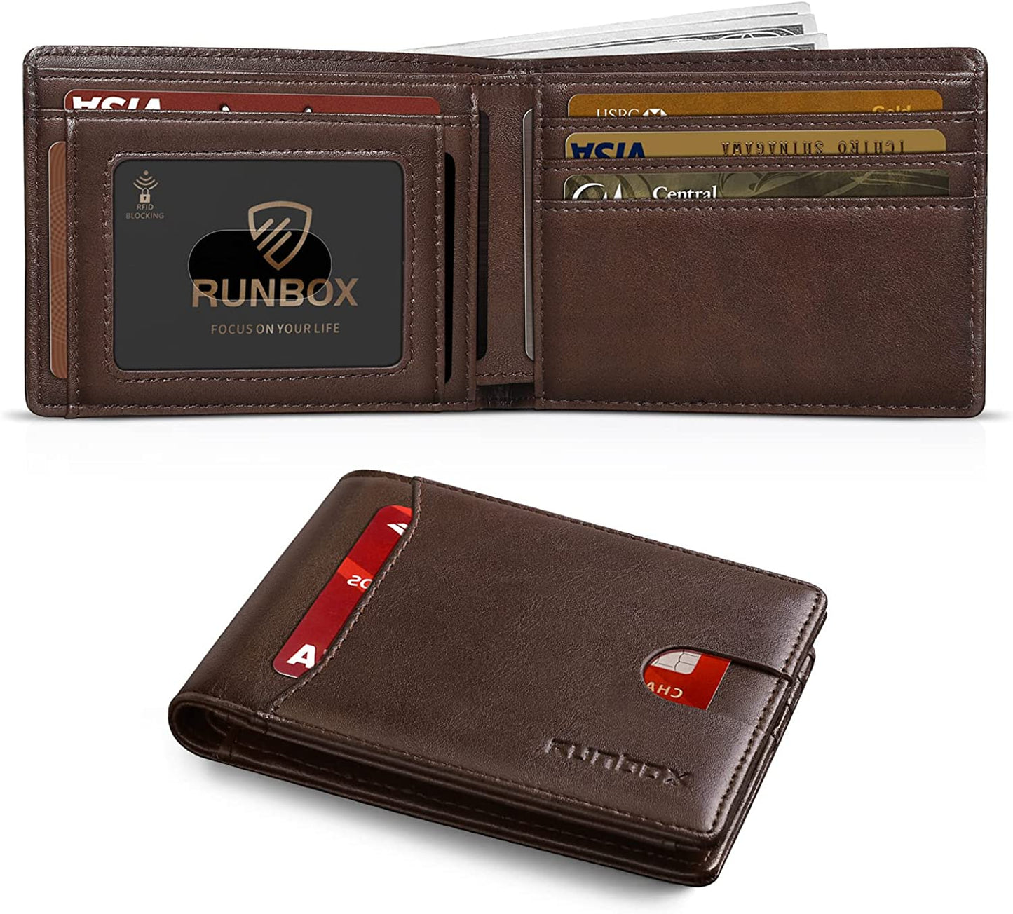 RUNBOX Bifold Slim Wallet for Men - Rfid Blocking Leather Front Pocket Men'S Wallet with Gift Box  RUNBOX oil coffee  