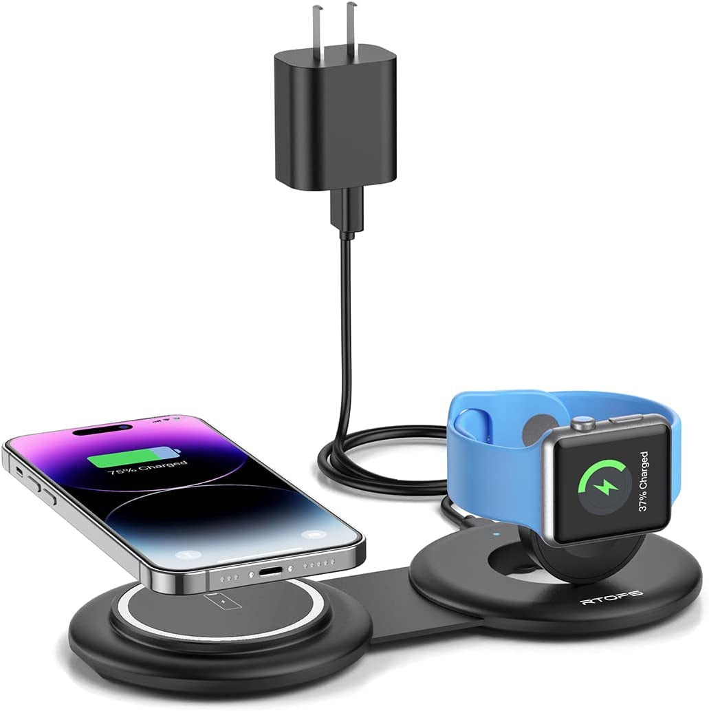 RTOPS Wireless Charger, 2 in 1 Magnetic Wireless Charging Station, Foldable Travel Charger Multiple Devices Compitable for Iphone 14/13/12/Pro/Max, Iwatch, Airpods(Adapter Includes)  DongGuanShi WeizhiChuang Technology Co., Ltd Black  