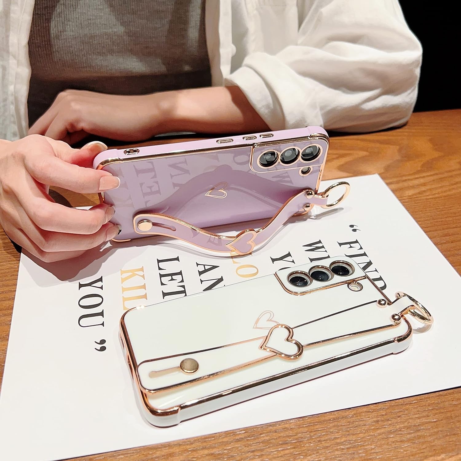 ZTOFERA Designed for Samsung Galaxy S21 plus 5G Case with Wristband,Plating Edge Love Hearts Pattern Hand Strap Finger Holder Kickstand Case,Soft Shockproof Cover for Girls Women,White  ZTOFERA   