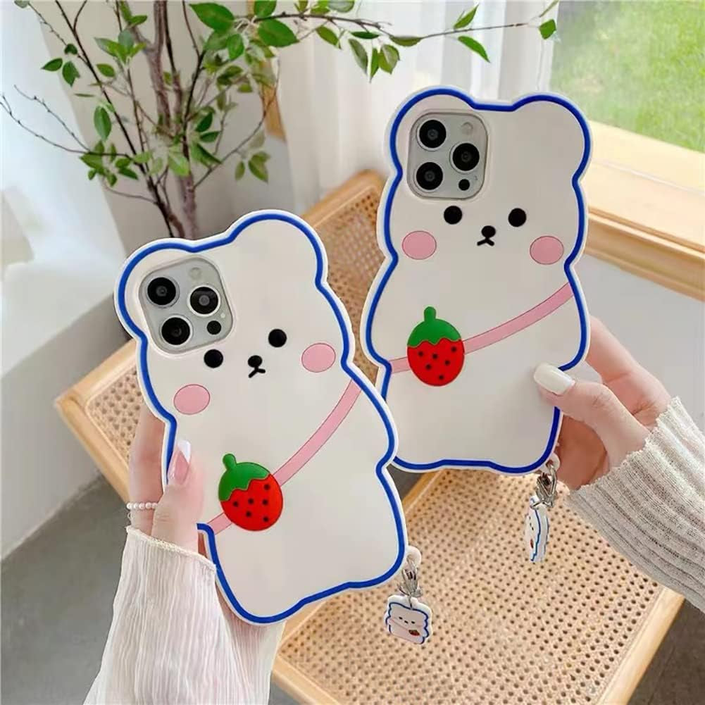 Yatchen Kawaii Phone Cases Apply to Iphone 12 Mini,Cute Cartoon Bear Phone Case with Keychain Strawberry Bear Phone Case 3D Iphone 12 Mini Case Soft Silicone Shockproof Cover for Women Girls  Yatchen   