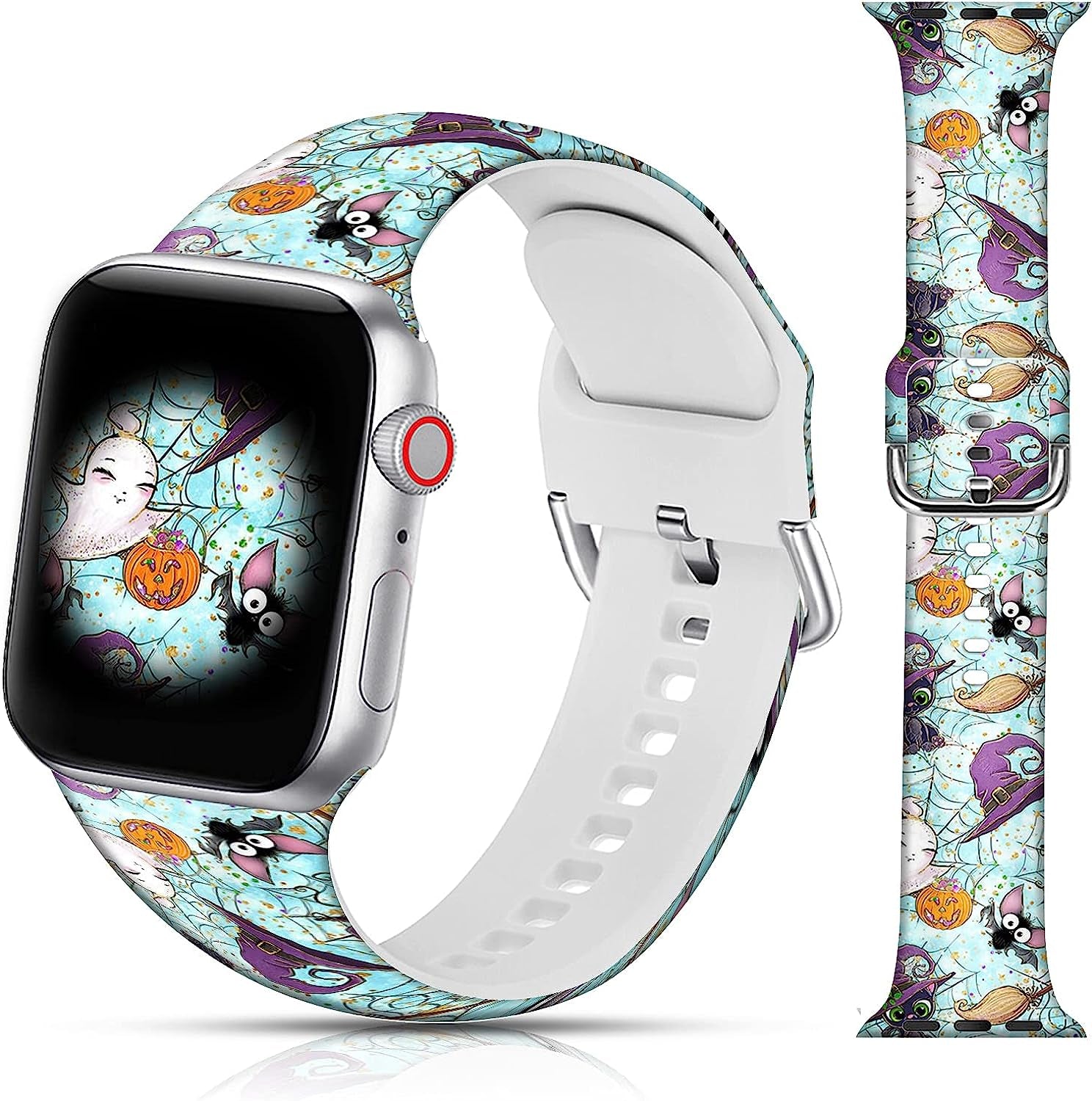 LAACO Silicone Sport Bands Compatible with Apple Watch 49Mm 45Mm 44Mm 42Mm 41Mm 40Mm 38Mm for Women Men Girls, Floral Design Replacment Strap for Iwatch SE Utral/Series 8/7/6/5/4/3/2/1  LAACO Halloween Witch Bats 38mm/40mm/41mm 