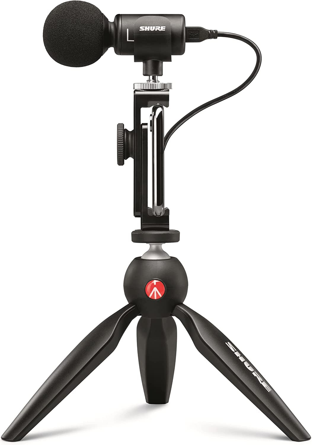 Shure MV88+ Video Kit - Digital Stereo Condenser Microphone for Apple and Android, with Manfrotto PIXI Tripod, Phone Clamp, Mount, Ios and USB-C Cables for Next-Level Connectivity (MV88+ Video KIT)  Shure   