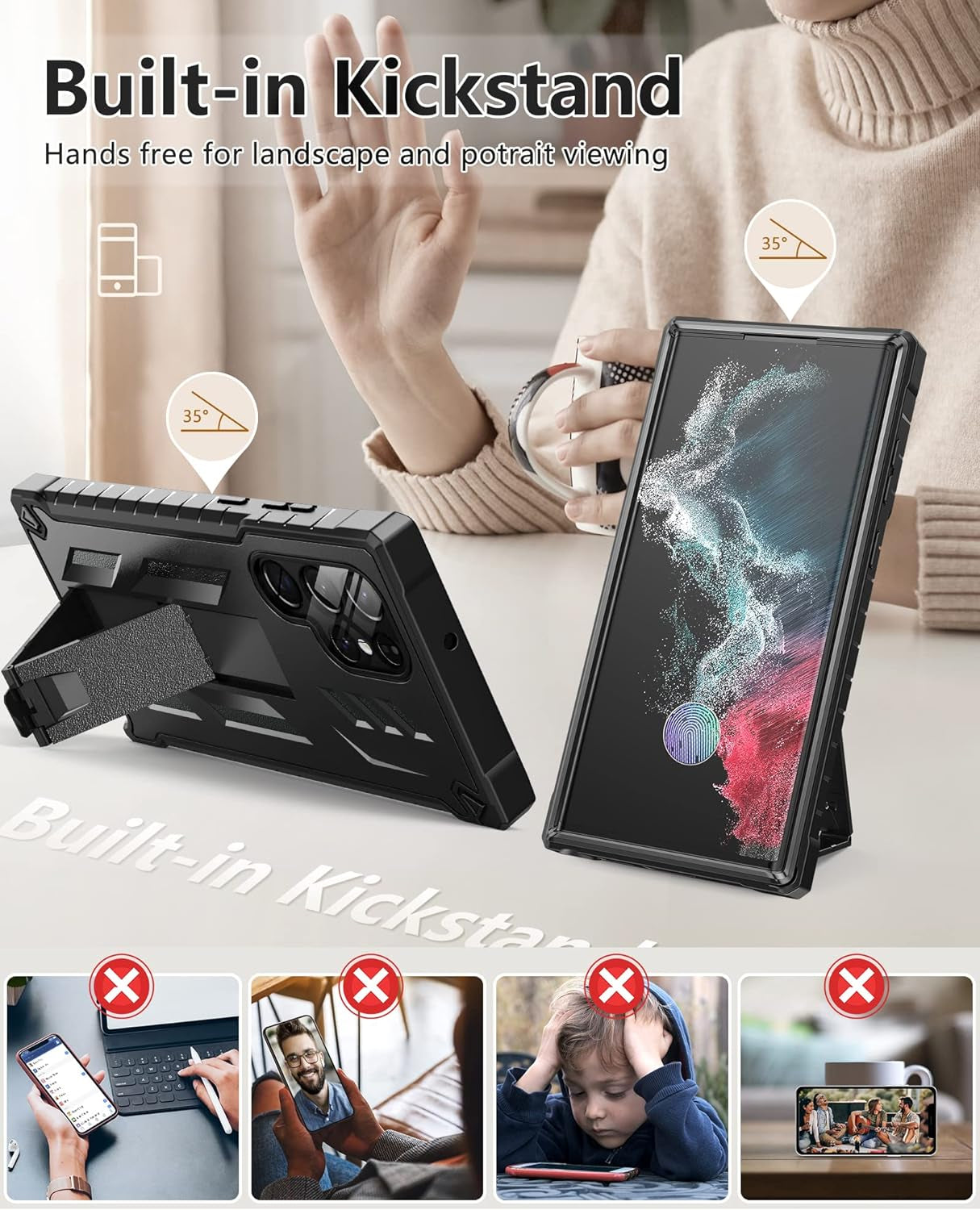 FNTCASE for Samsung Galaxy S22 Ultra Case: Built-In Screen Protector & Kickstand Full-Body Dual Layer Rugged Military Grade Shockproof Protection Heavy Duty Protective Phone Cover 5G-Black  FNTCASE   