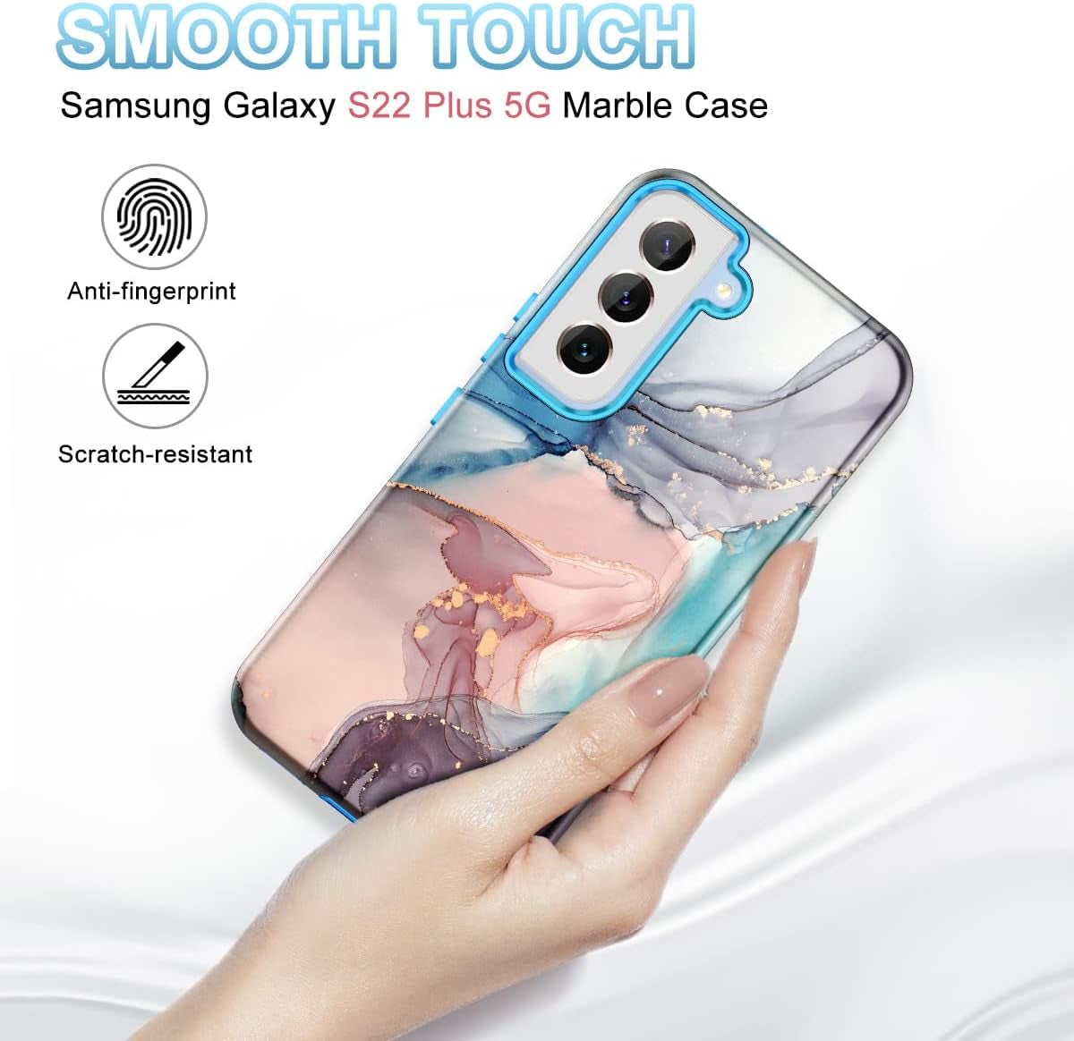 Btscase for Samsung Galaxy S22+/S22 plus 5G Case, Marble Pattern 3 in 1 Heavy Duty Shockproof Full Body Rugged Hard Pc+Soft Silicone Drop Protective Women Girl Covers for S22+/S22 Plus, Blue Gray  Btscase   