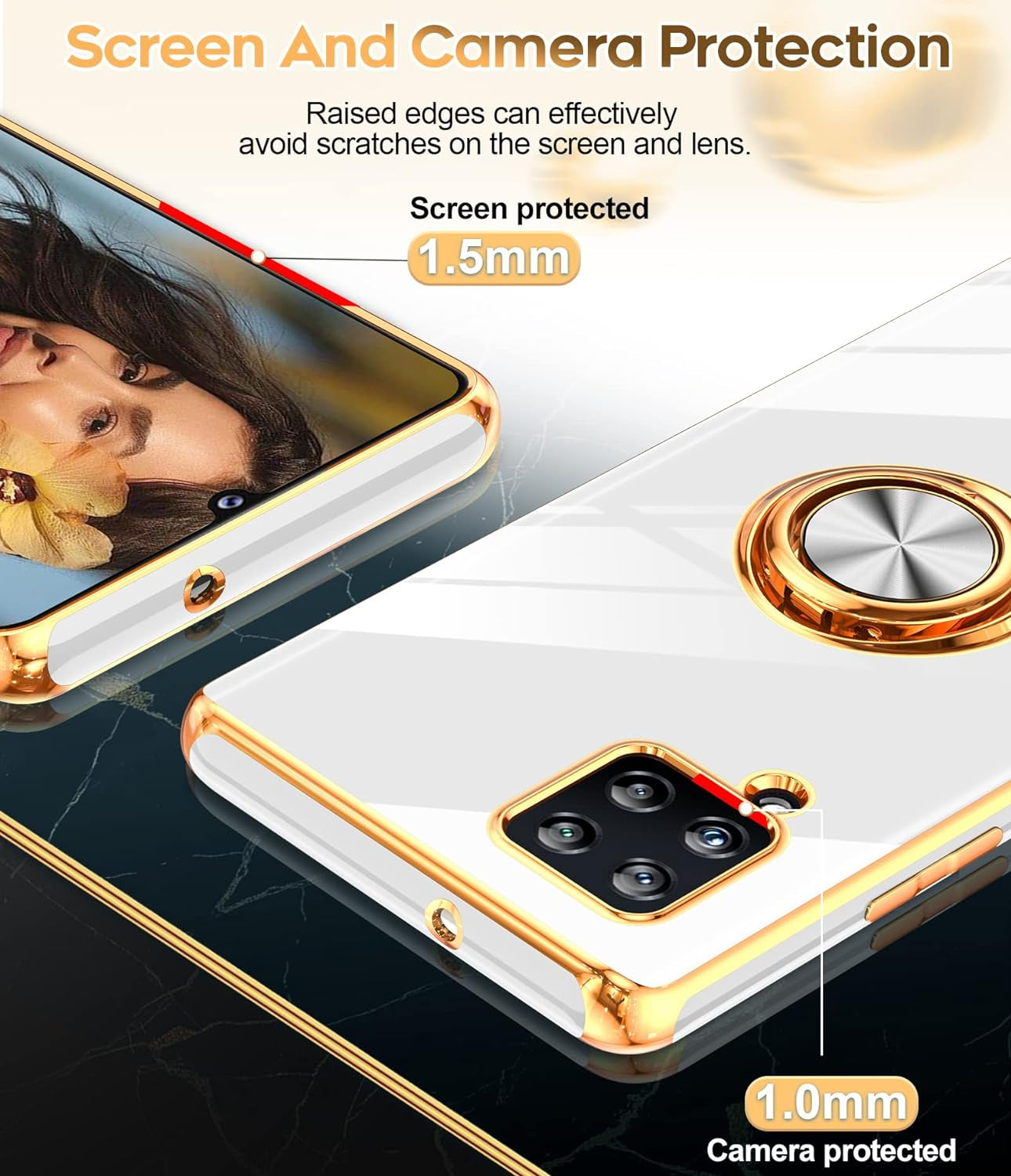 Leyi for Samsung Galaxy A42 5G Case with Tempered Glass Screen Protector [2 Pack] 360° Rotatable Ring Holder Magnetic Kickstand, Plating Rose Gold Edge Protective Case, White  LeYi   