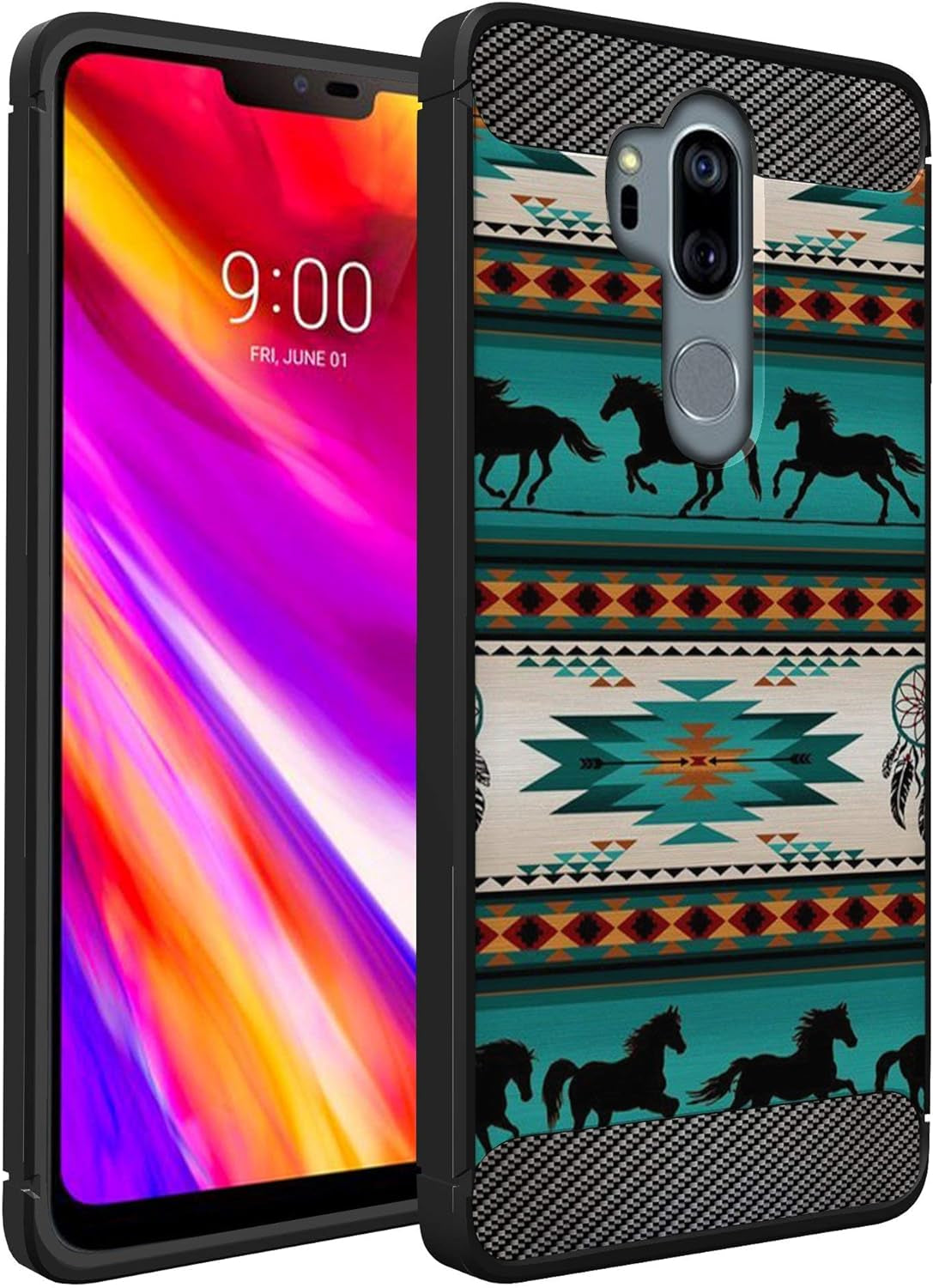 Casesondeck Case Compatible with [LG G7 / LG G7 Thinq] Tribal Floral Matte TPU Flexible Carbon Fiber Textured (Horse Tribal)  CasesonDeck   