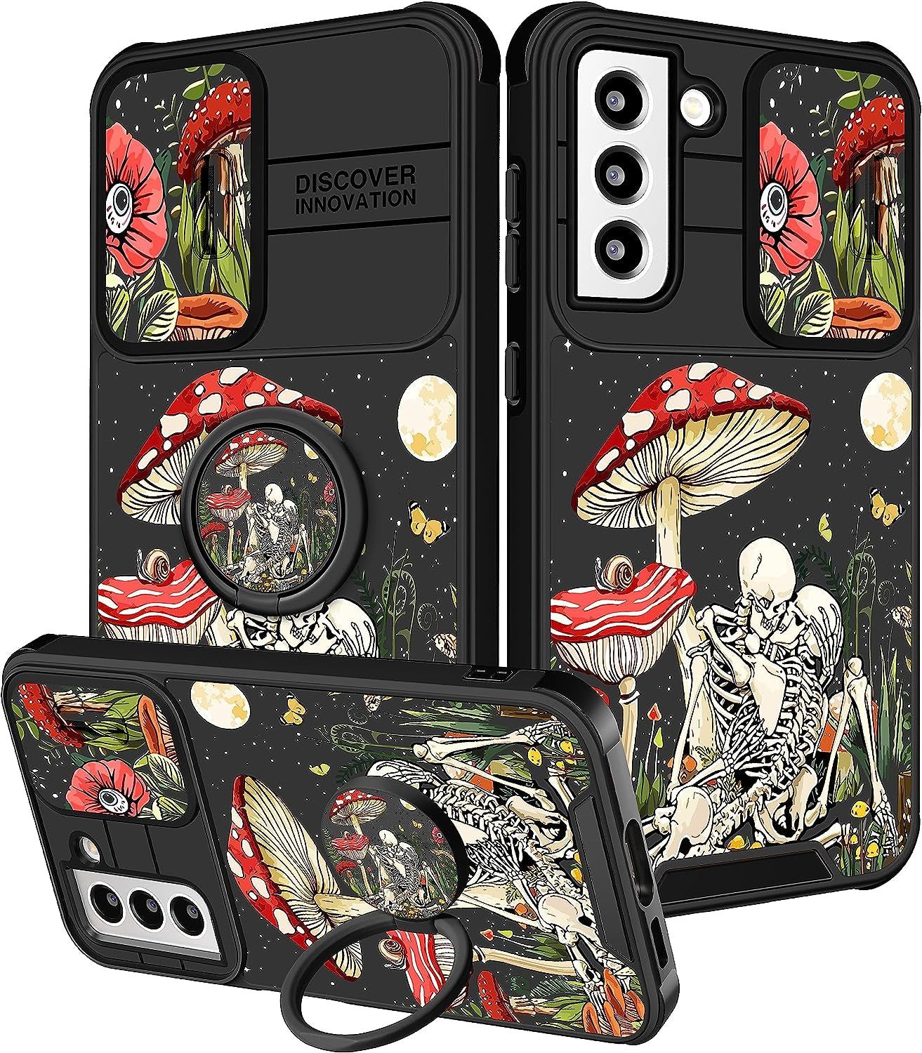 Funermei (2In1 for Samsung Galaxy S22 plus Case for Women Butterfly Cute Girls Cover Girly Pretty Kawaii Black Butterfly Design with Camera Cover and Ring Stand Funda for Galaxy S22 plus Phone Case  Funermei 3-For S22 Plus-Mushroom Skull  