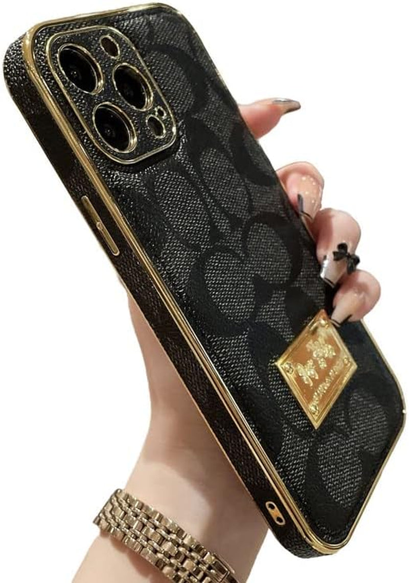 Designer Iphone 14 plus Case for Women Luxury 6.7 Inch, Leather Back Edge with Plate Gold Rim Classic Pattern Bling Glitter Nameplate Camera Protection Cover, Non Slip Shockproof Protective, Khaki  JIUDUIDODO Black For Iphone 14 Pro 