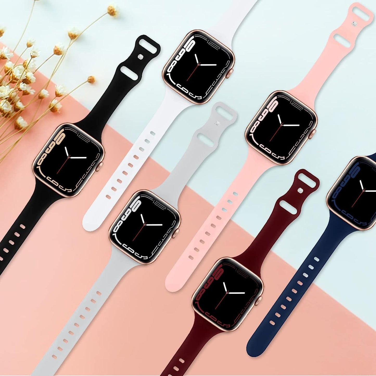 6 Pack Slim Sport Band Compatible for Apple Watch Band 38Mm 42Mm 40Mm 44Mm 41Mm 45Mm 49Mm,Women Thin Narrow Soft Silicone Replacement Strap Wristband for Iwatch Ultra Series 8 7 6 5 4 3 2 1 SE  ShunDee   