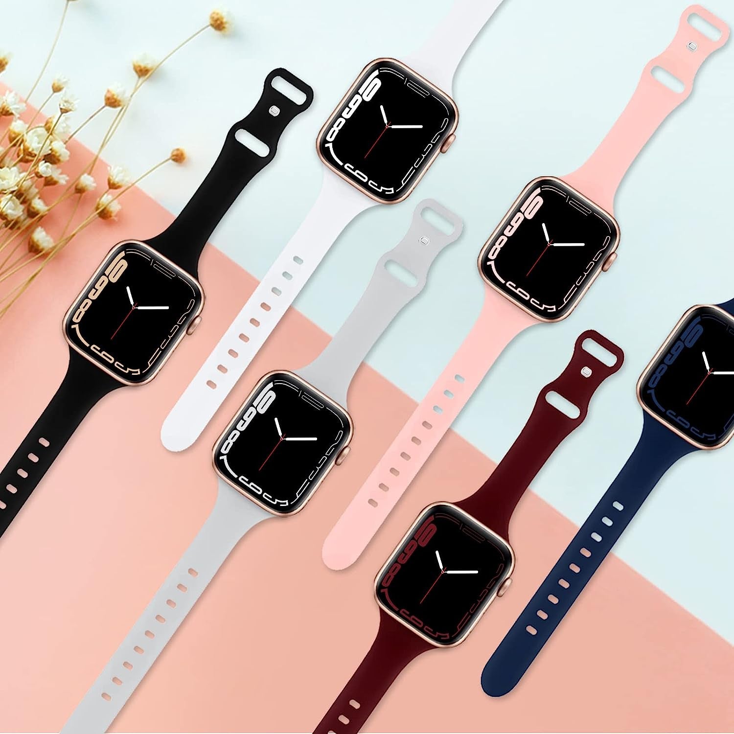 6 Pack Slim Sport Band Compatible for Apple Watch Band 38Mm 42Mm 40Mm 44Mm 41Mm 45Mm 49Mm,Women Thin Narrow Soft Silicone Replacement Strap Wristband for Iwatch Ultra Series 8 7 6 5 4 3 2 1 SE  ShunDee   