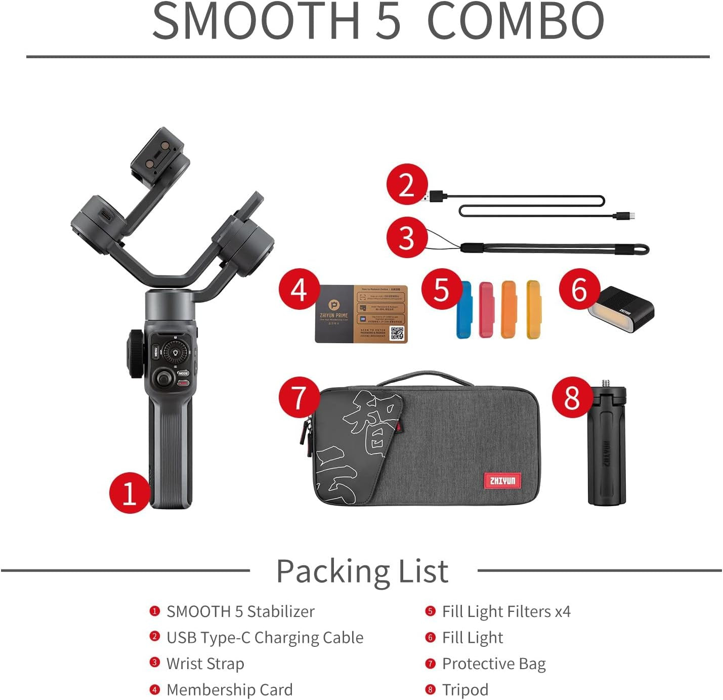 ZHIYUN Smooth 5 Combo Professional 3-Axis Handheld Gimbal Stabilizer with Magnetic Fill Light for Iphone Smartphone Android Cell Phone Gimble W/Face/Object Tracking Motion Time-Lapse POV  zhi yun   
