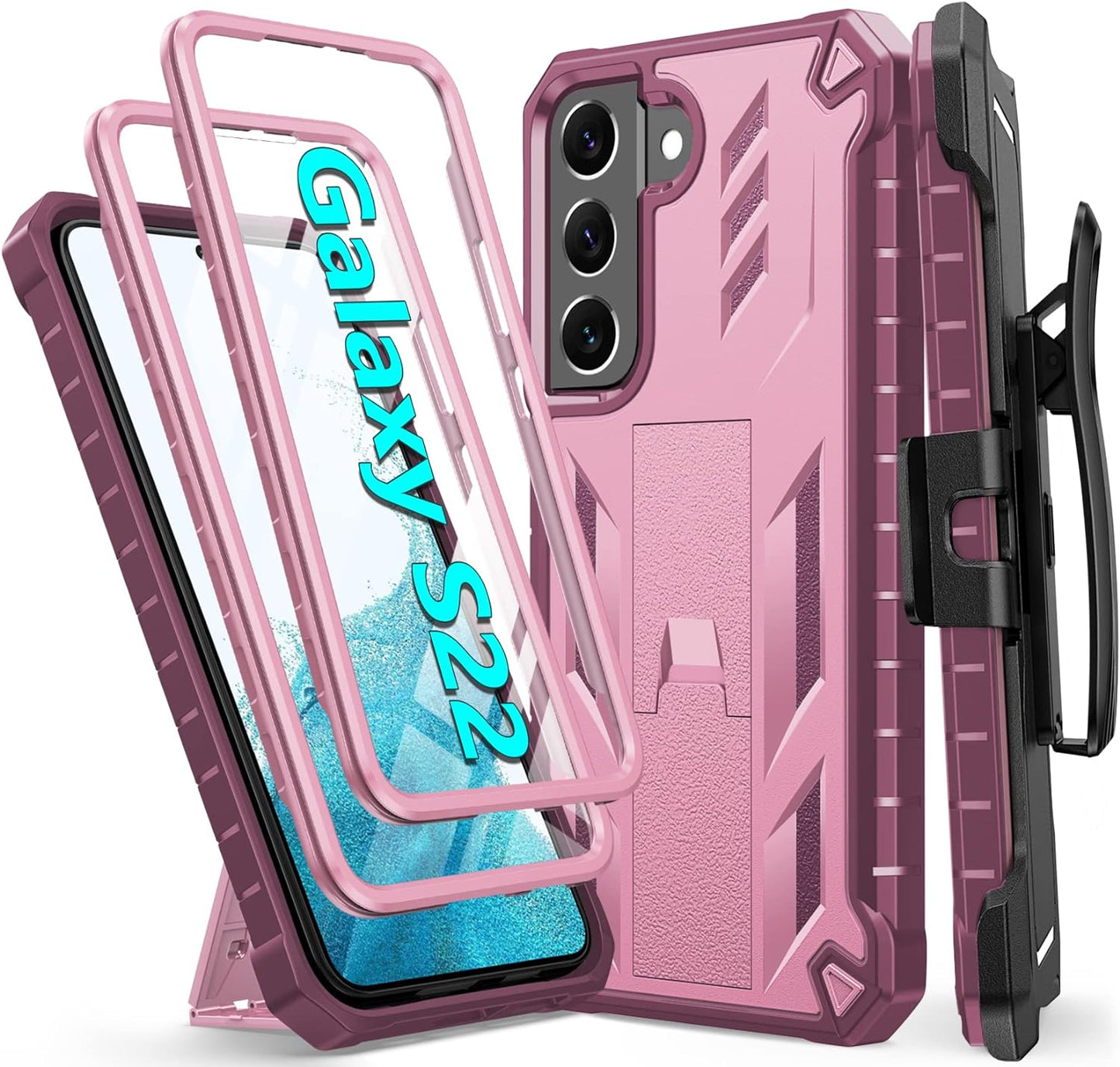 FNTCASE for Samsung Galaxy S22 Protective Case: Military Grade Protection Rugged Anti-Drop Case with Belt-Clip Holster & Kickstand - Full Shockproof Sturdy Durable Bumper Textured Cell Phone Cover  FNTCASE Pink  