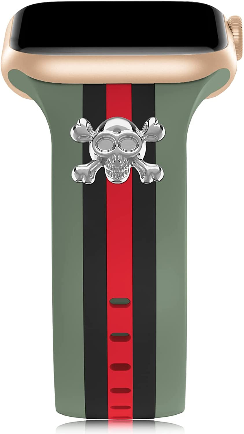 Designer Band with Charms Decor Compatible with Apple Watch Band 38Mm 40Mm 41Mm 42Mm 44Mm 45Mm 49Mm Women Men, Stylish Silicone Sport Wristbands for Iwatch Series 8 7 6 5 4 3 2 1 SE Ultra  Bagoplus Green/Black/Red with Skull 42mm/44mm/45mm/49mm 