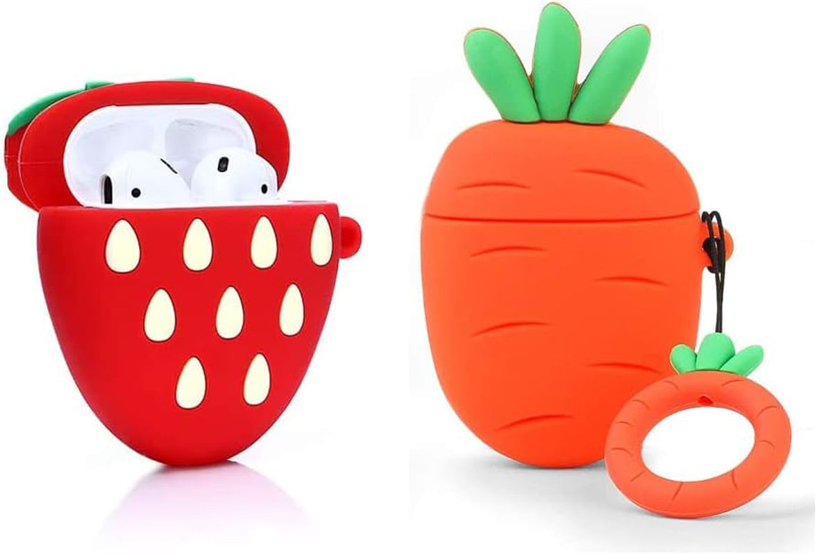 (2 Pack) BGAANM Cute Airpods 1/2 Case Silicone Cover with Keychain, Cartoon Skin Design Headphones Charging Case Protective Cover Accessories Kits Compatible for Airpods 1 and 2 (Radiowhite+Radiopink)  BGAANM Carrot+3Dstrawberry  