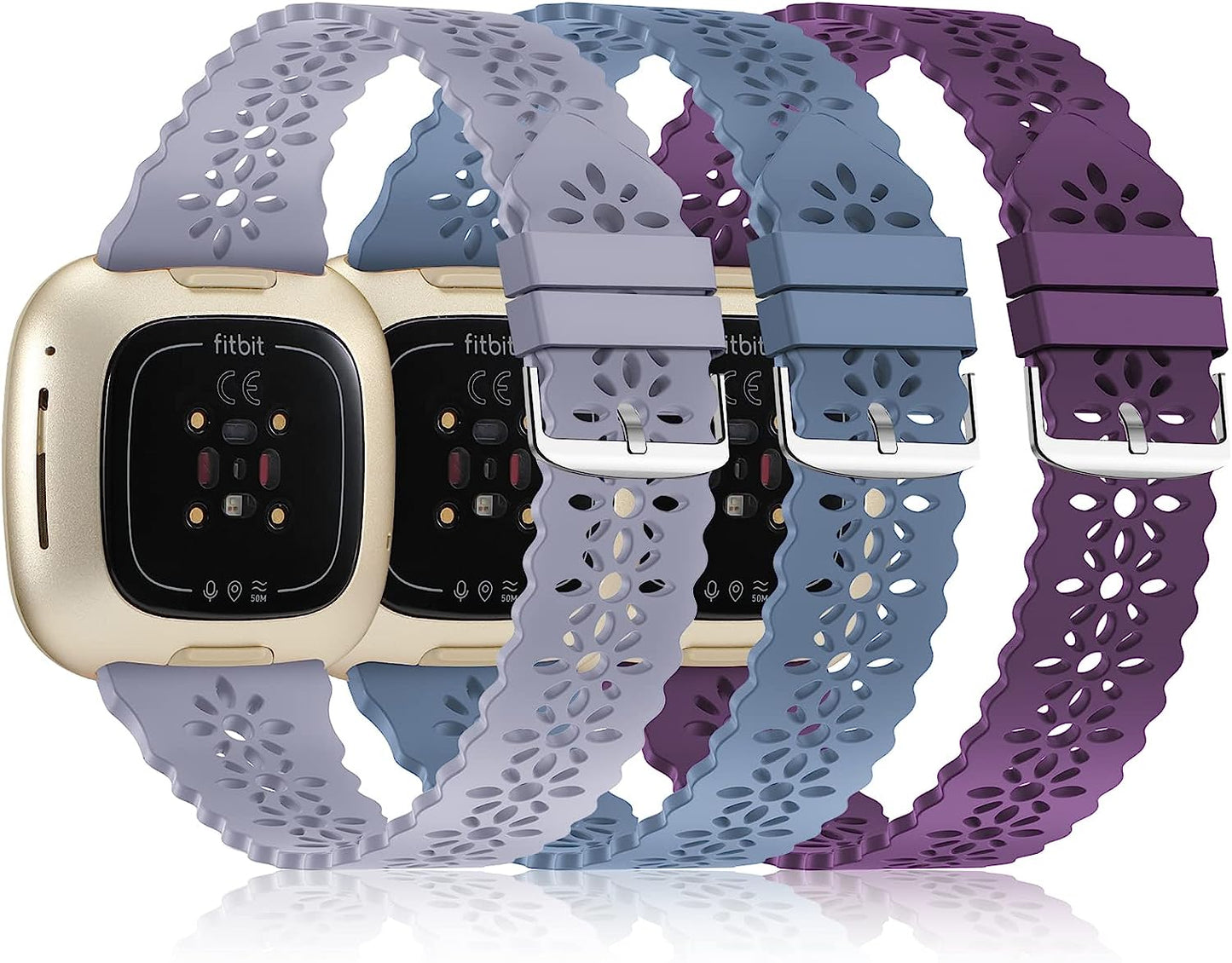 YAXIN 3 Pack Slim Sport Bands Compatible with Fitbit Sense/Fitbit Versa 3 Band/Versa 4 Bands/Fitbit Sense 2 for Women,Soft Silicone Lace Replacement Wristbands for Fitbit Versa Smart Watch  YAXIN G-alaskan blue/purple/lavender gray  