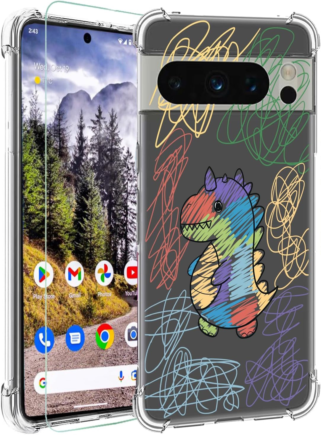 Ftonglogy for Google Pixel 8 Pro 5G Case with Screen Protector: Clear Cute Flower Floral Design for Girls Women Slim Soft TPU Bumper Shockproof Silicone Cell Phone Cover (Funny Cat)  Ftonglogy Graffiti Dinosaur  