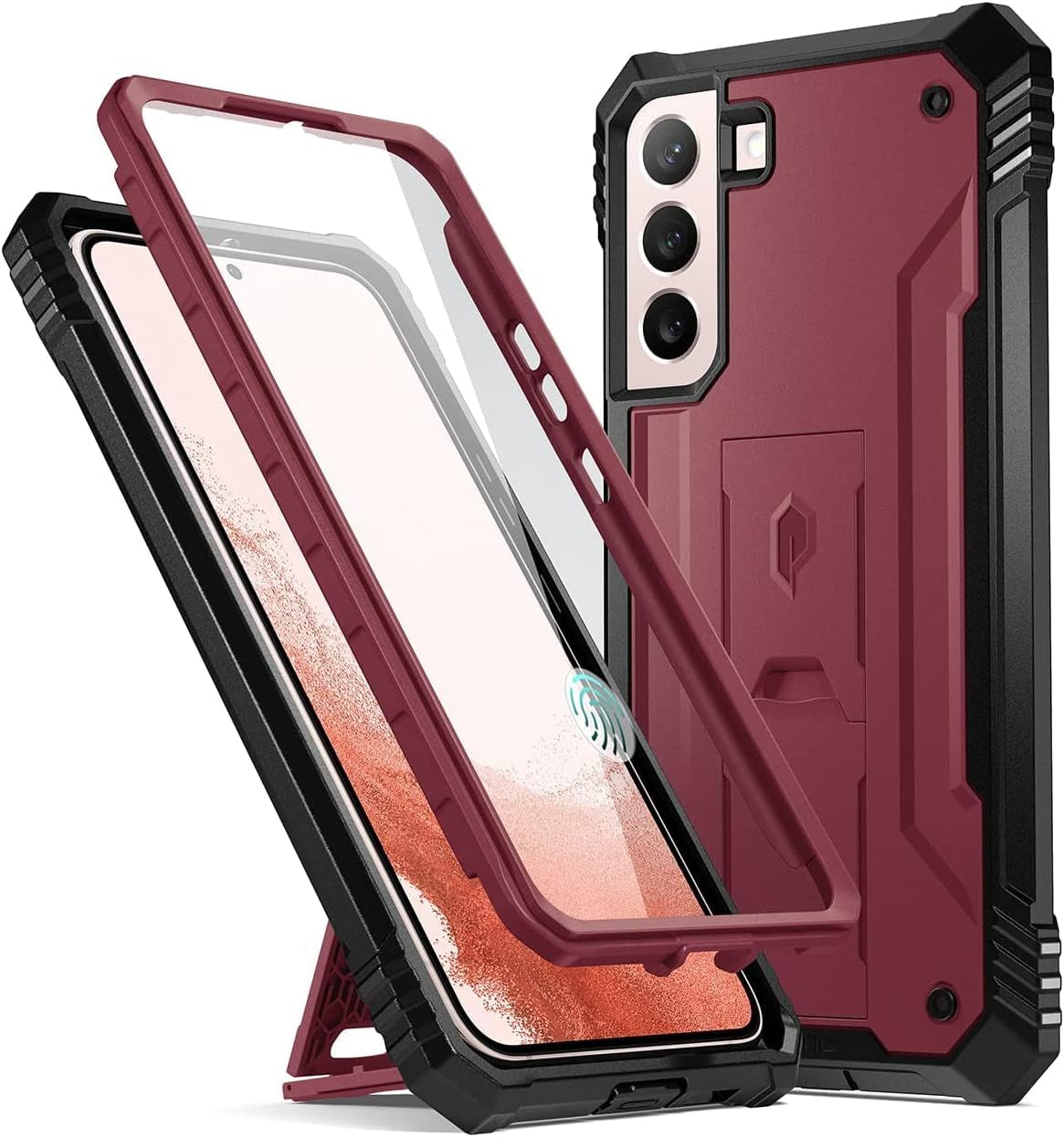 Poetic Revolution Case for Galaxy S22+ plus with Built-In Screen Protector, Work with Fingerprint ID, Full Body Rugged Shockproof Protective Cover Case with Kickstand for S22+ plus 5G 6.6 Inch, Black  Poetic Maroon Red  
