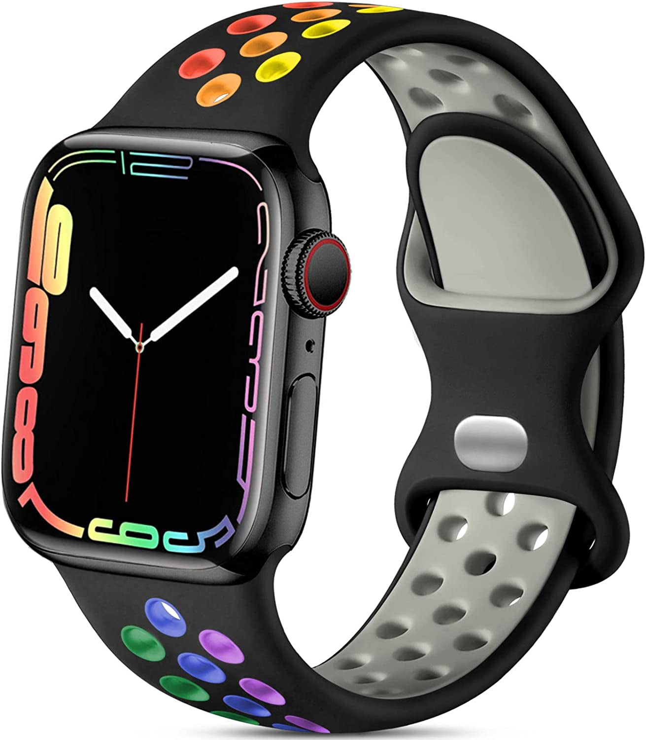 Lerobo Sport Band Compatible with Apple Watch Band 38Mm 40Mm 41Mm 45Mm 44Mm 42Mm for Women Men,Soft Silicone Sport Breathable Wristband Replacement Strap Compatible for Iwatch SE Series 7 6 5 4 3 2 1  PJStore-US Black/Rainbow 38mm/40mm/41mm S/M 