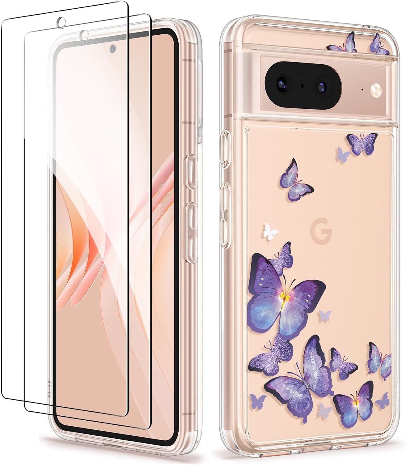 GVIEWIN Compatible with Google Pixel 8 Case with 2X Screen Protector, Clear Floral Slim Shockproof Protective Hard PC+TPU Bumper Flower Women Phone Case Cover 6.2'' 2023 (Cherry Blossoms/Purple)  GVIEWIN Alluring Butterfly/Purple For Google Pixel 8 (6.2-Inches, 2023) 